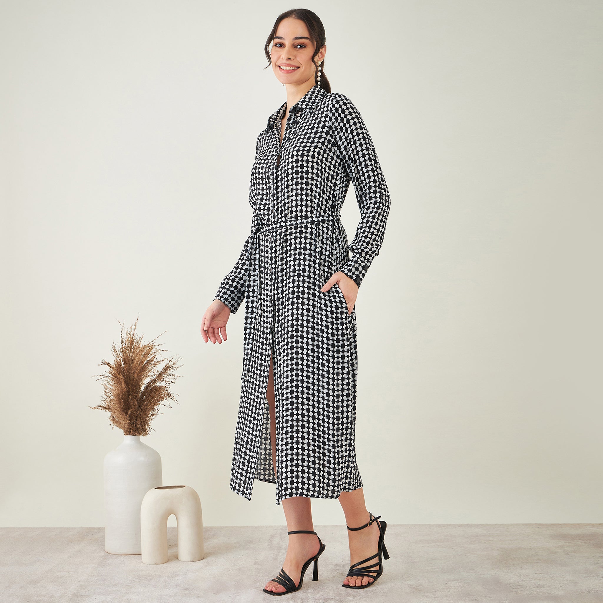 Black and White Geometric Print Shirt Dress with Belt