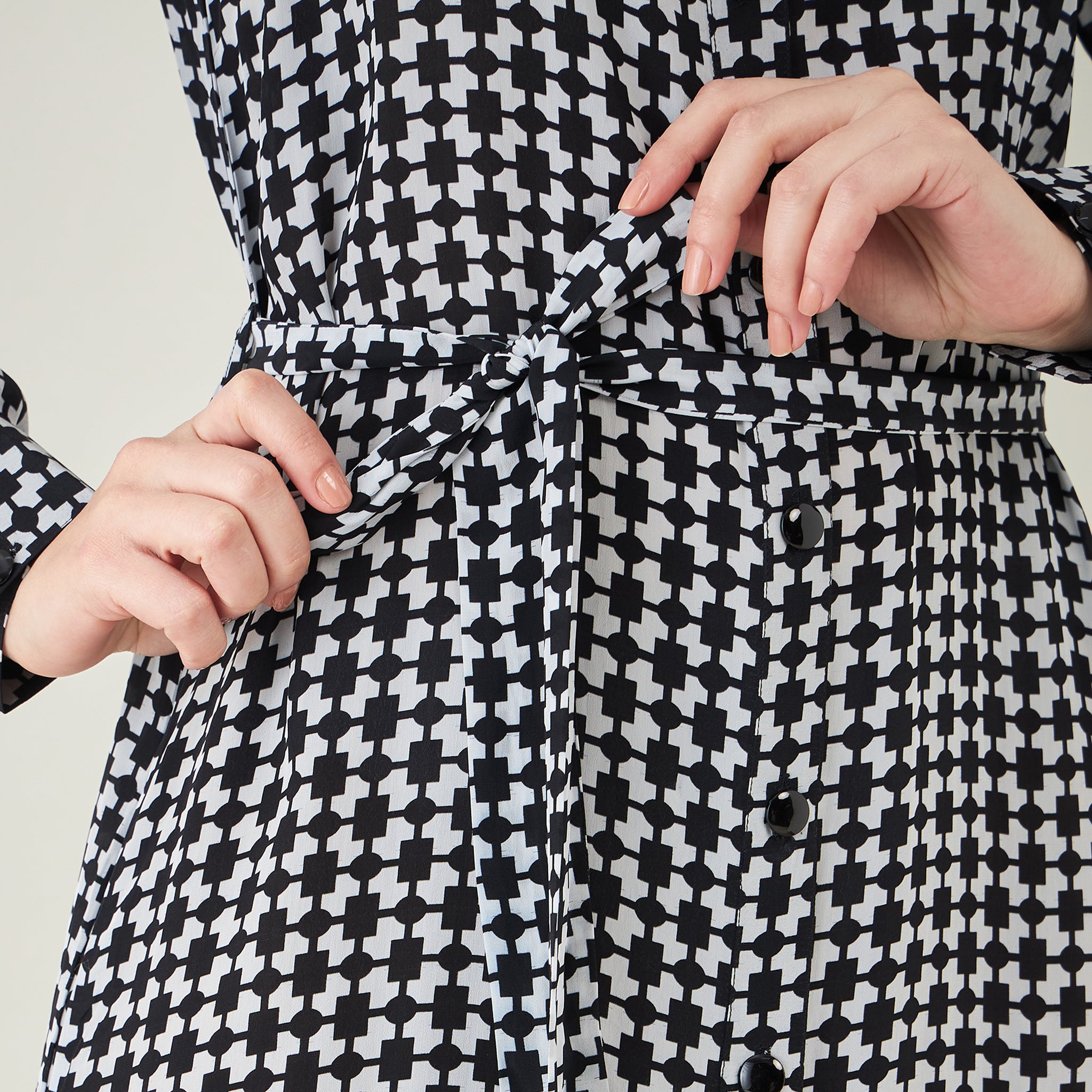 Black and White Geometric Print Shirt Dress with Belt