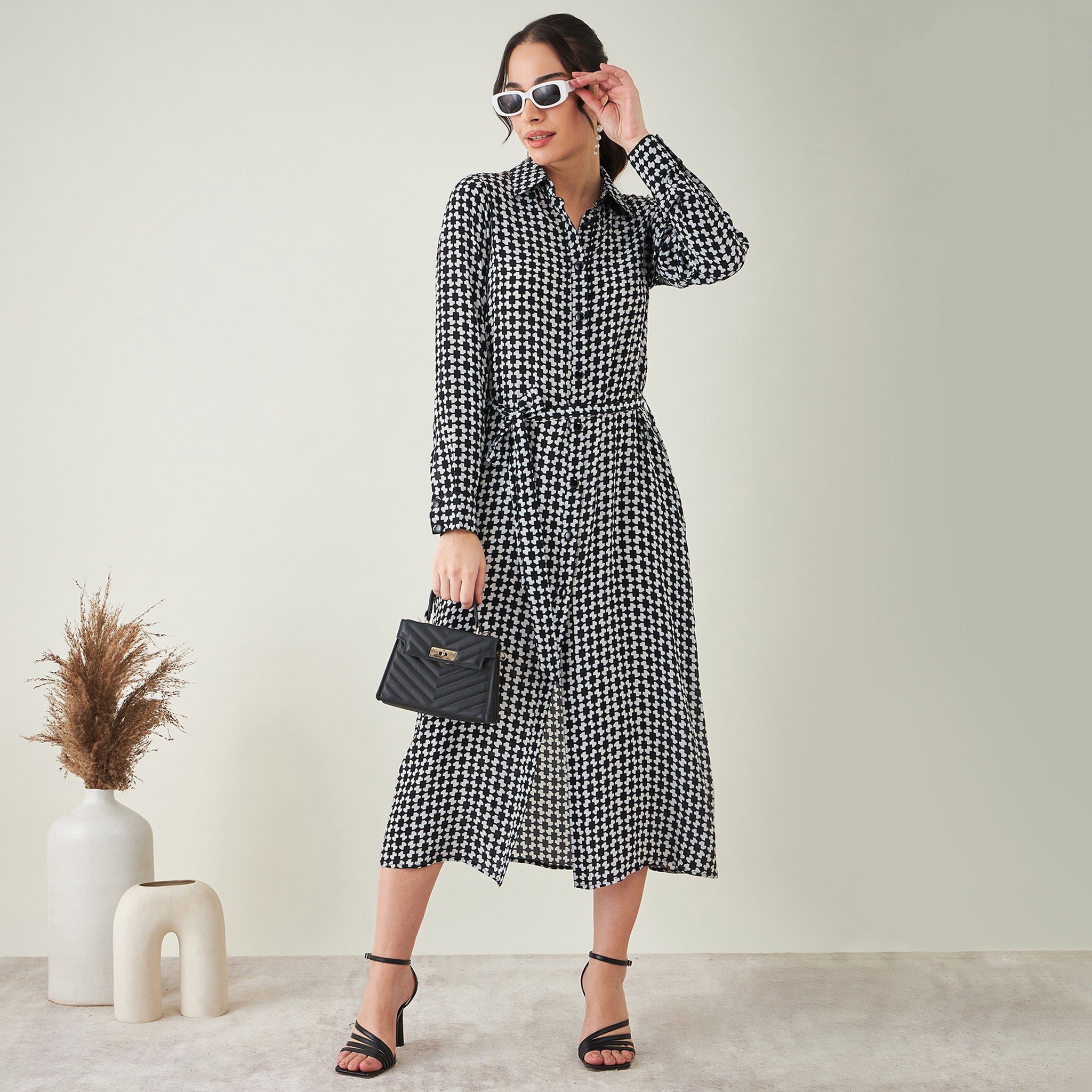 Black and White Geometric Print Shirt Dress with Belt