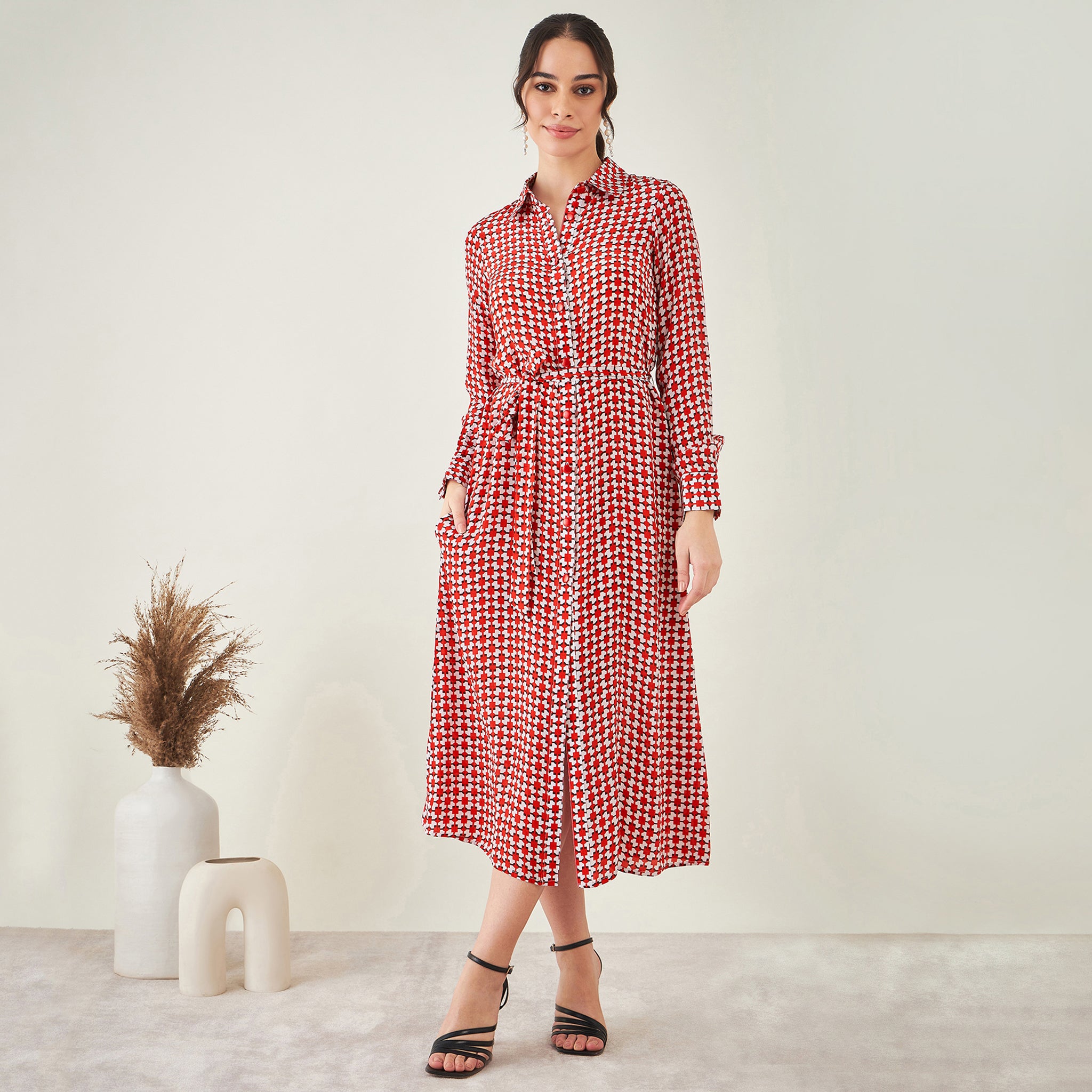 Red and White Geometric Print Shirt Dress with Belt