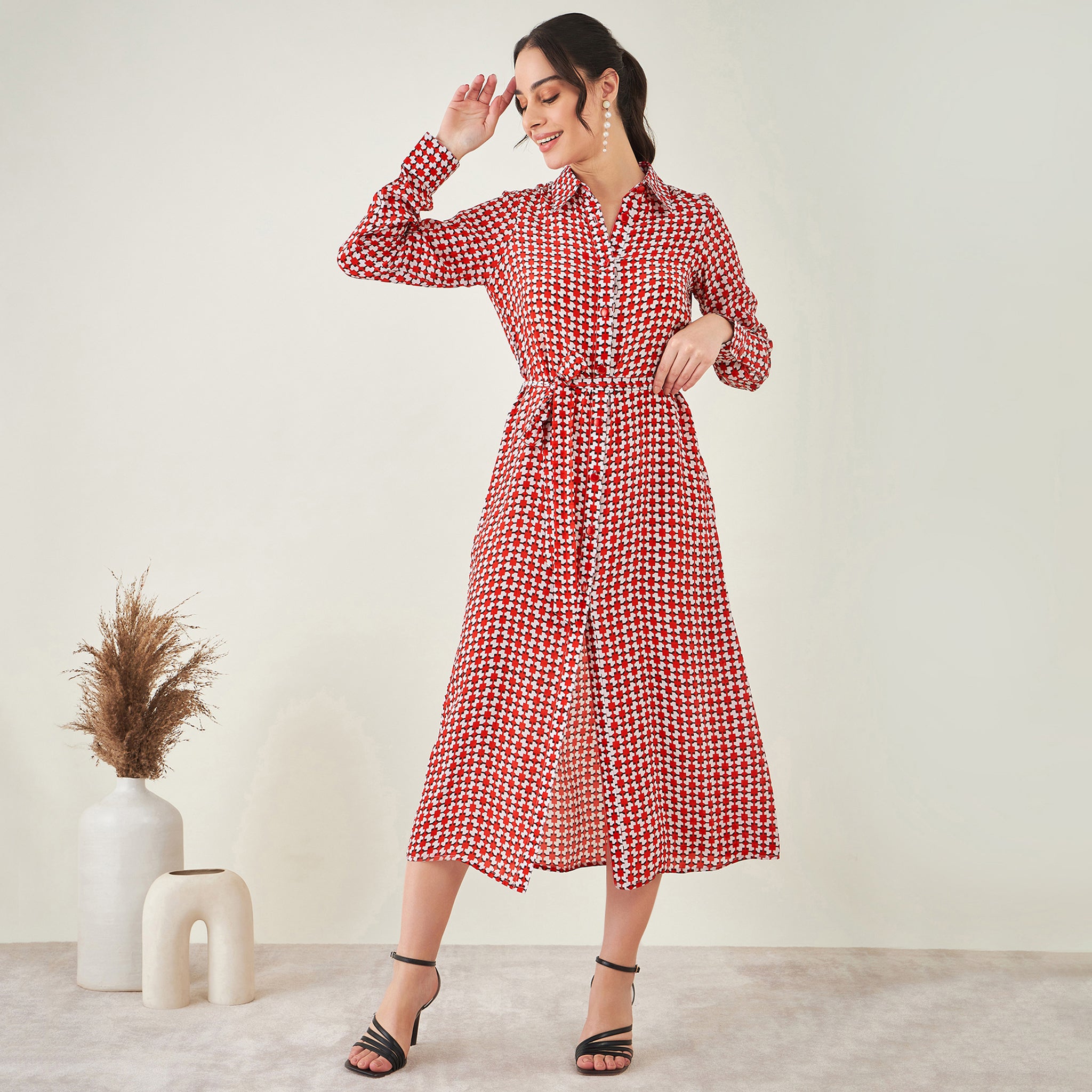 Red and White Geometric Print Shirt Dress with Belt