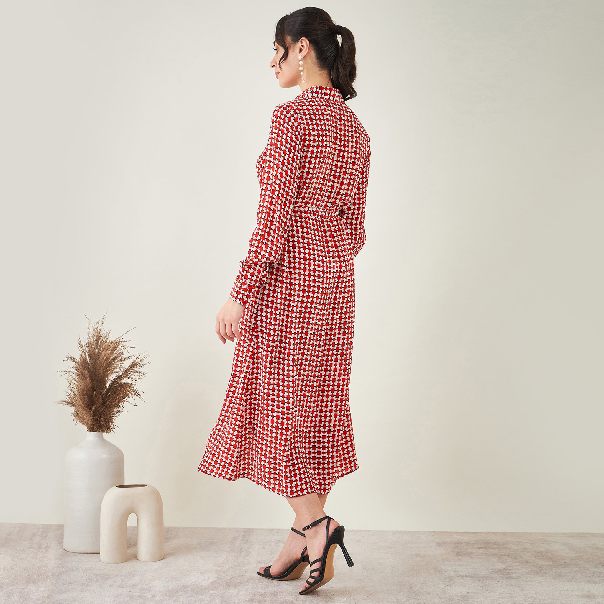 Red and White Geometric Print Shirt Dress with Belt