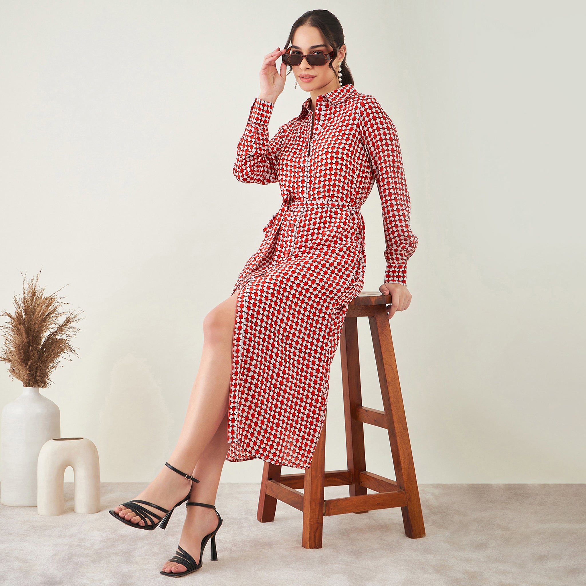 Red and White Geometric Print Shirt Dress with Belt