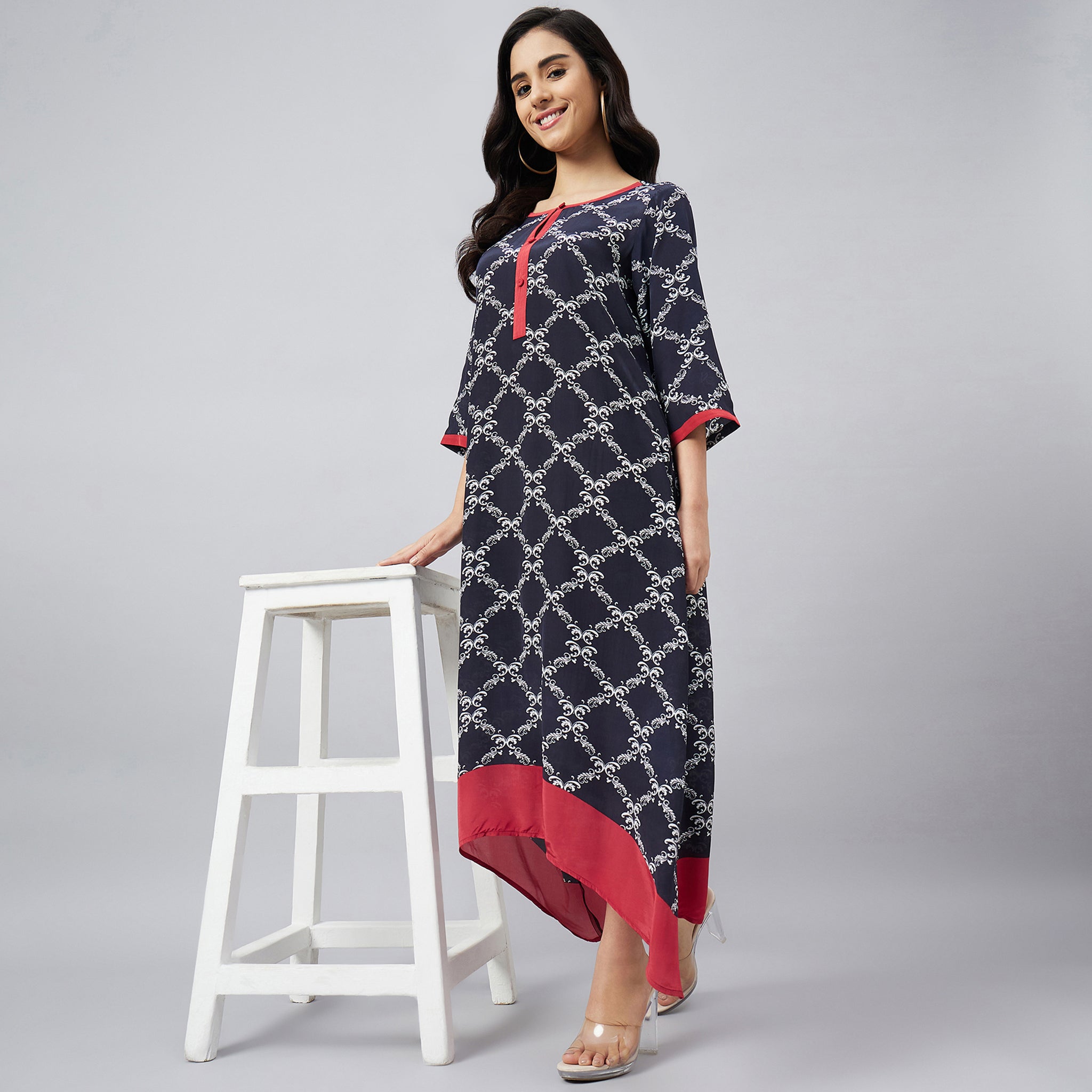 Black and Red Baroque Print Midi Kaftan Dress