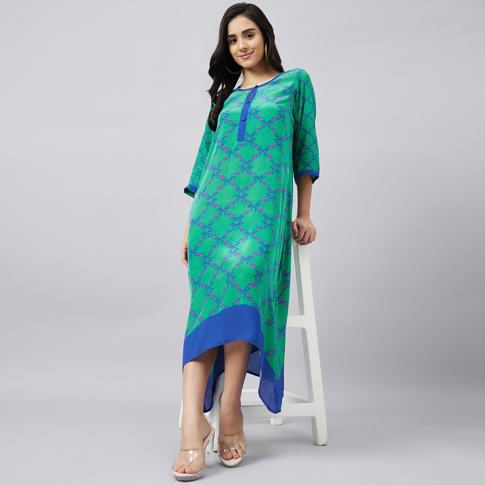 Mint Green and Blue Baroque Print Midi Kaftan Dress