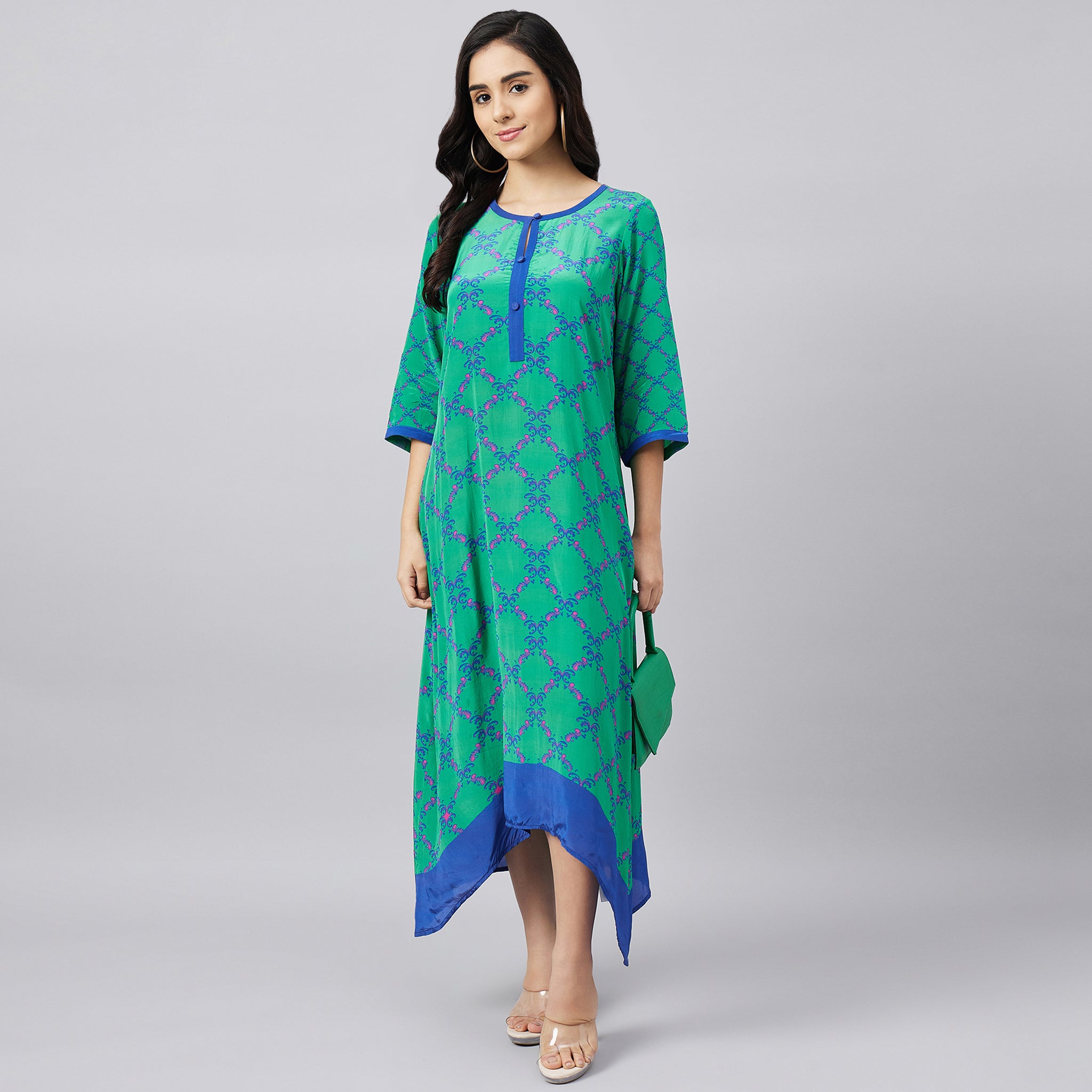 Mint Green and Blue Baroque Print Midi Kaftan Dress