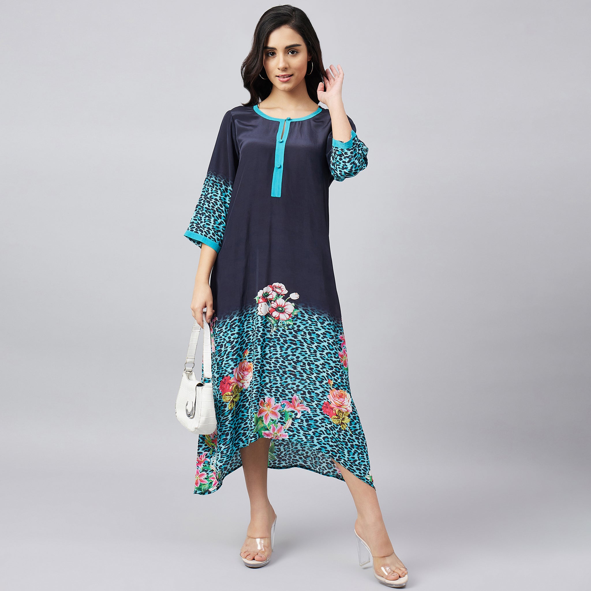 Black and Turquoise Printed Midi Kaftan Dress