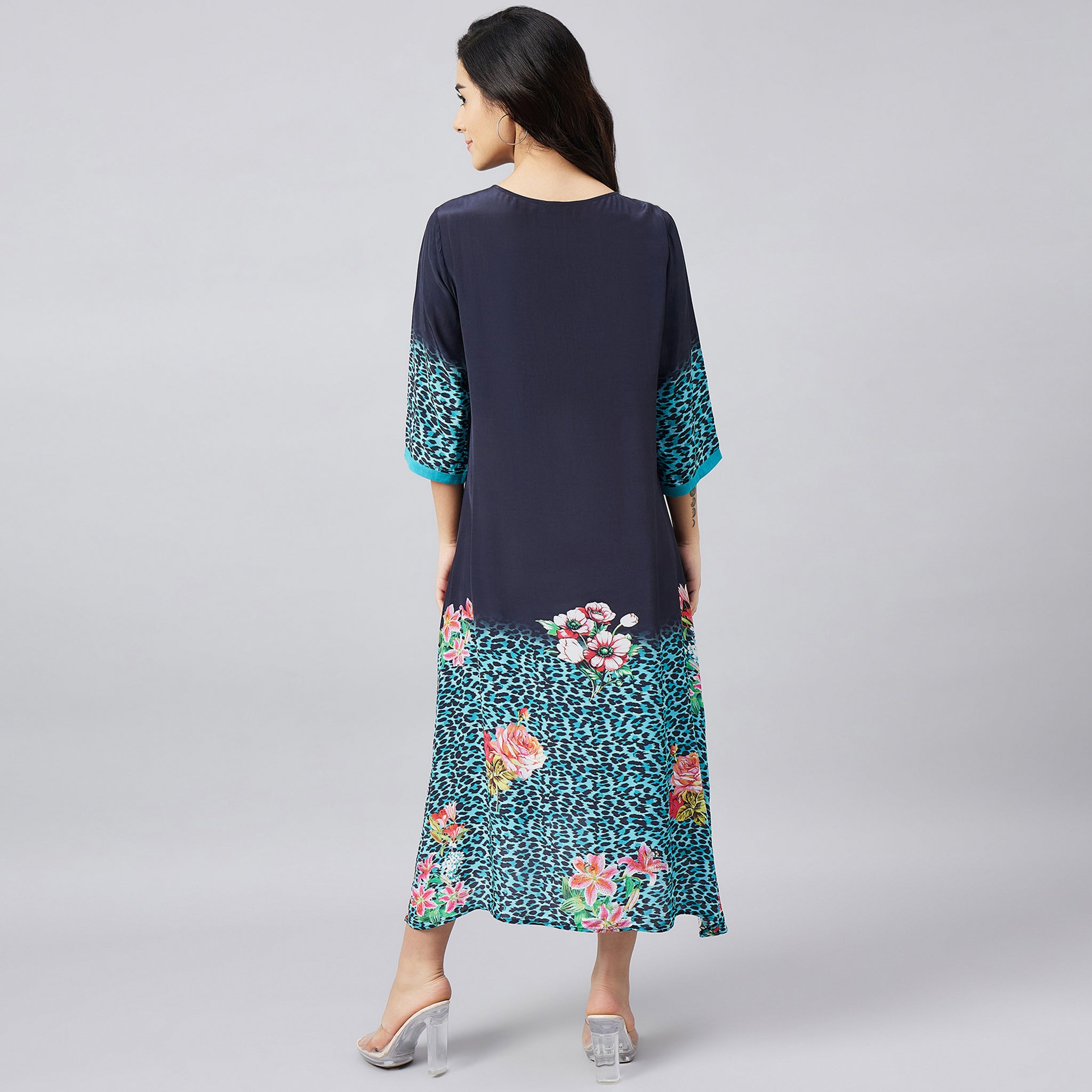 Black and Turquoise Printed Midi Kaftan Dress