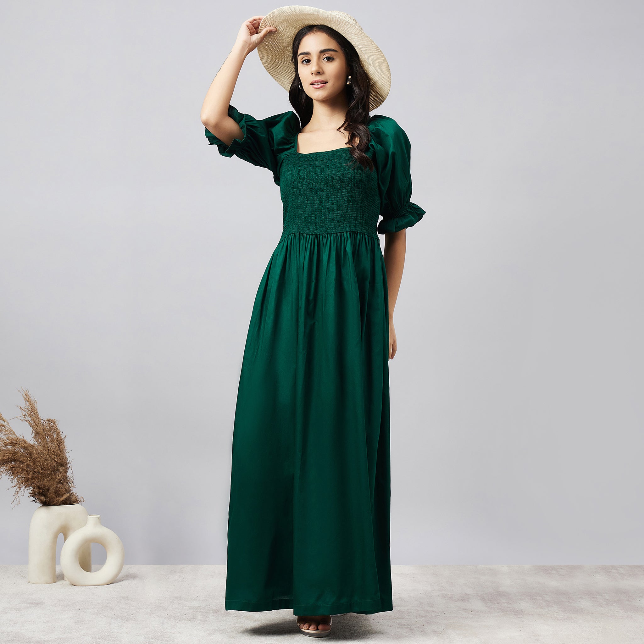 Bottle Green Smocked Maxi Dress