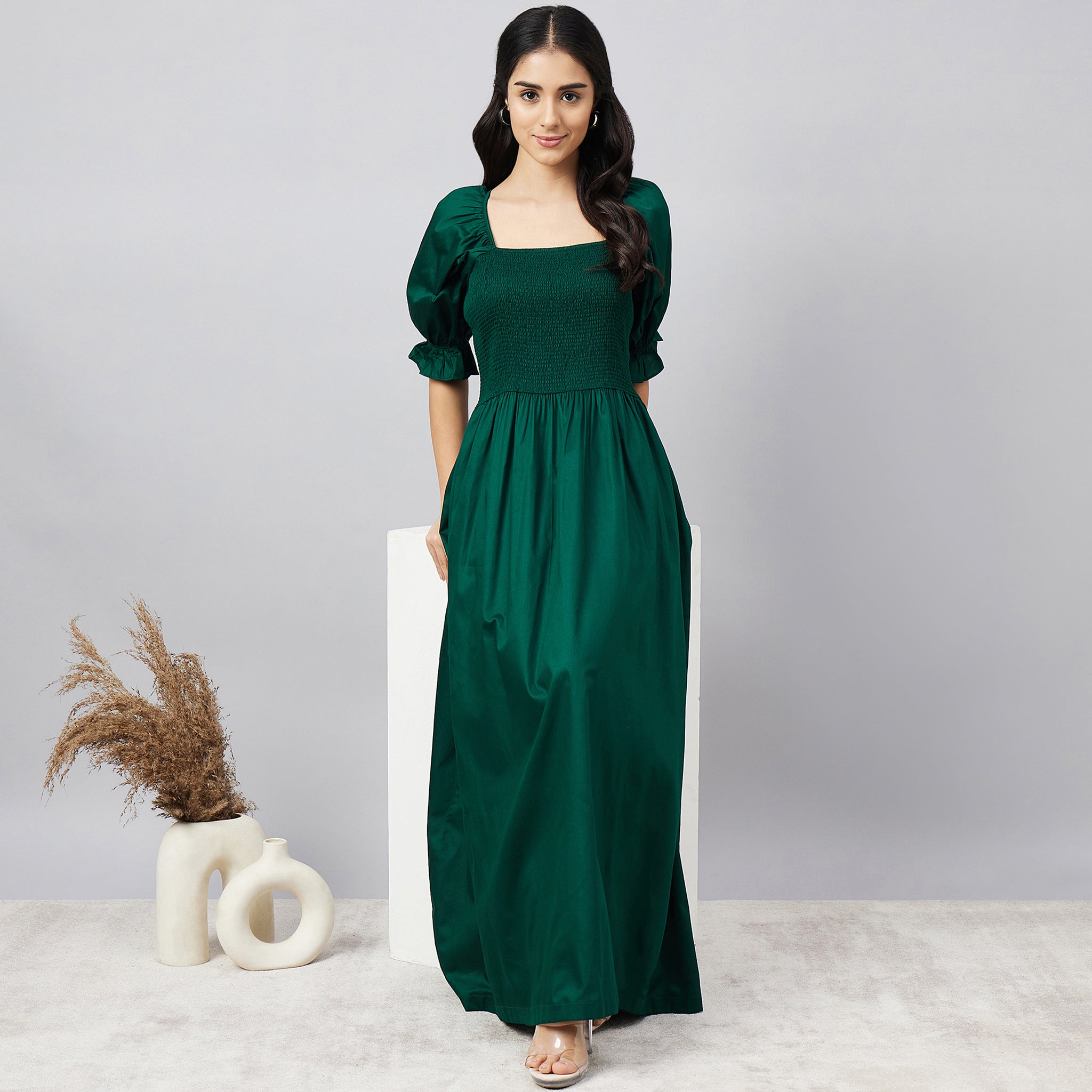 Bottle Green Smocked Maxi Dress