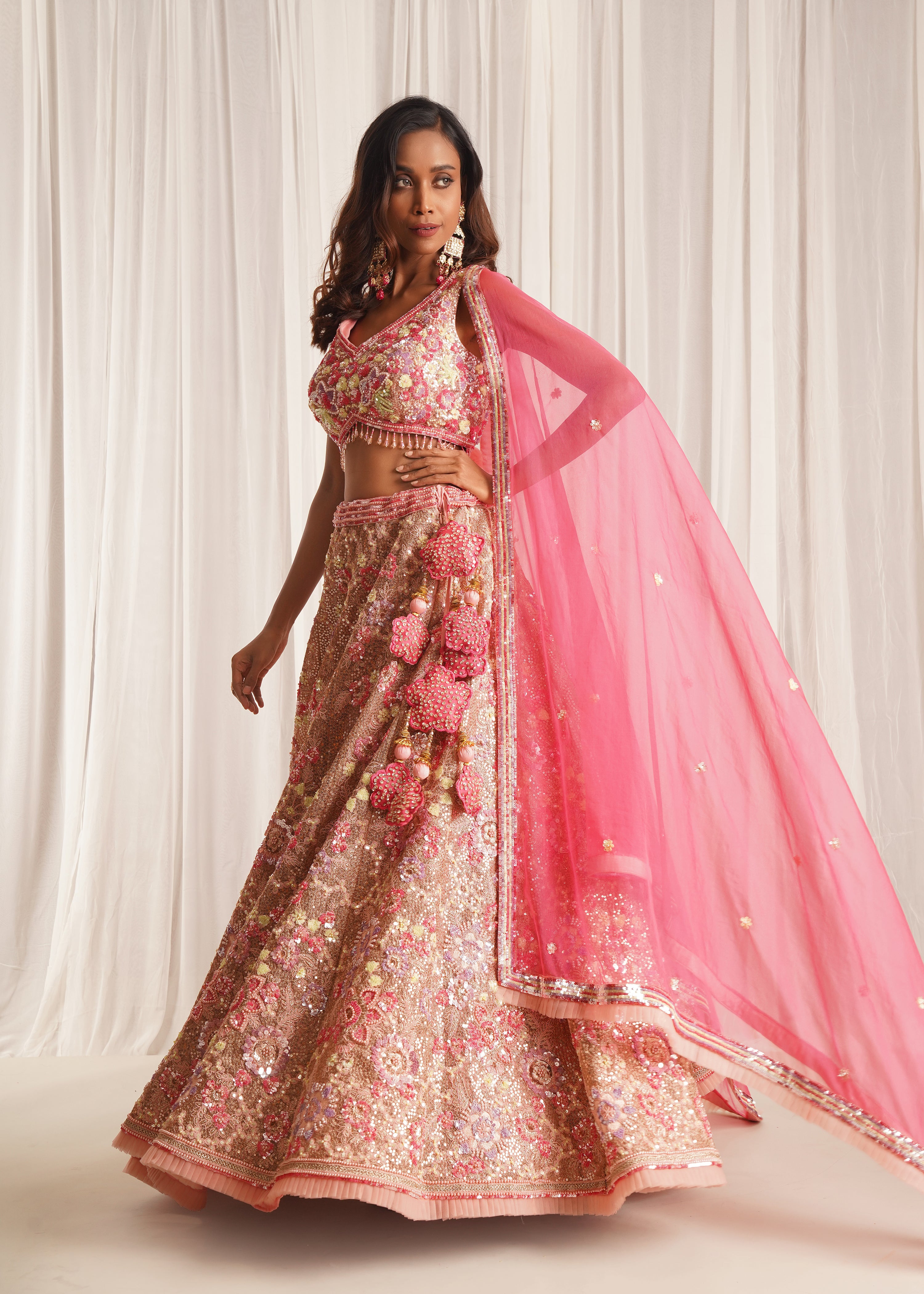 Pink Sequins Detailed Resham Lehenga Set