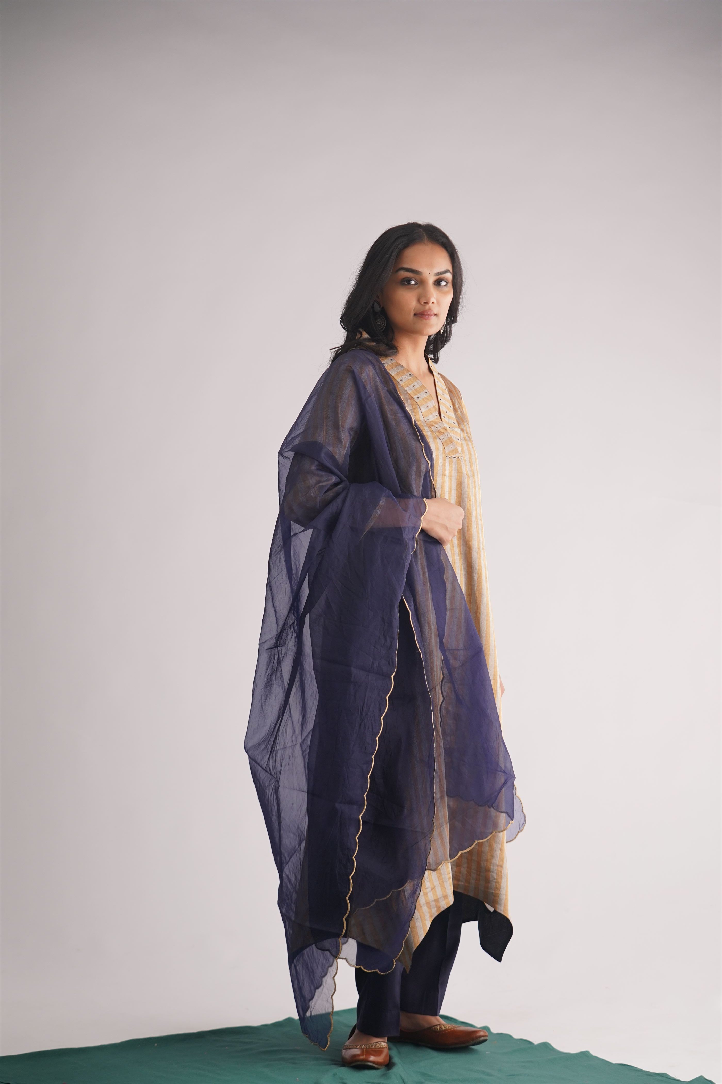 Navy Organza Dupatta With Gold Zari Scallop Edging