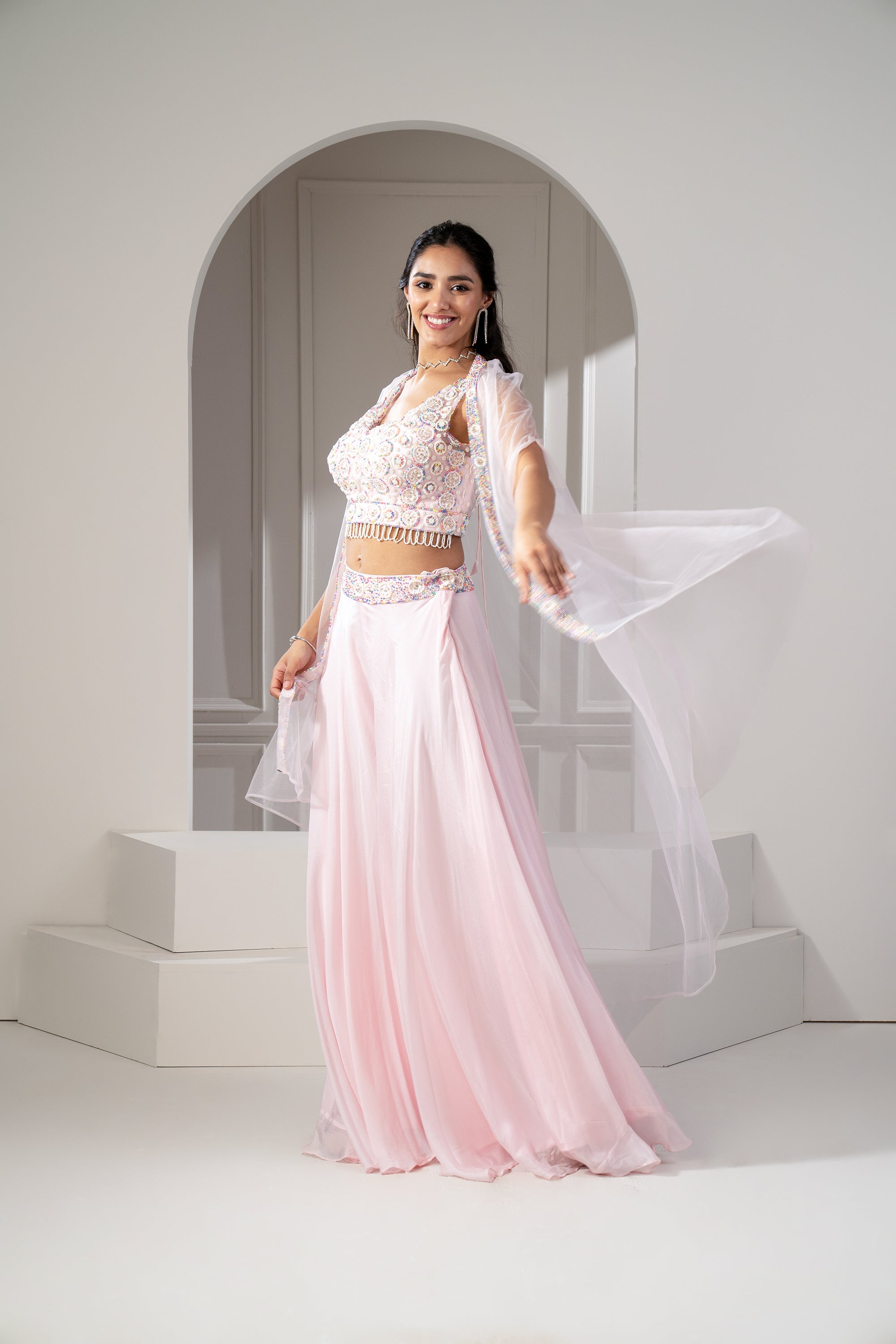 Baby Pink Satin Silk Lehenga Choli set with sequins and cutdana work