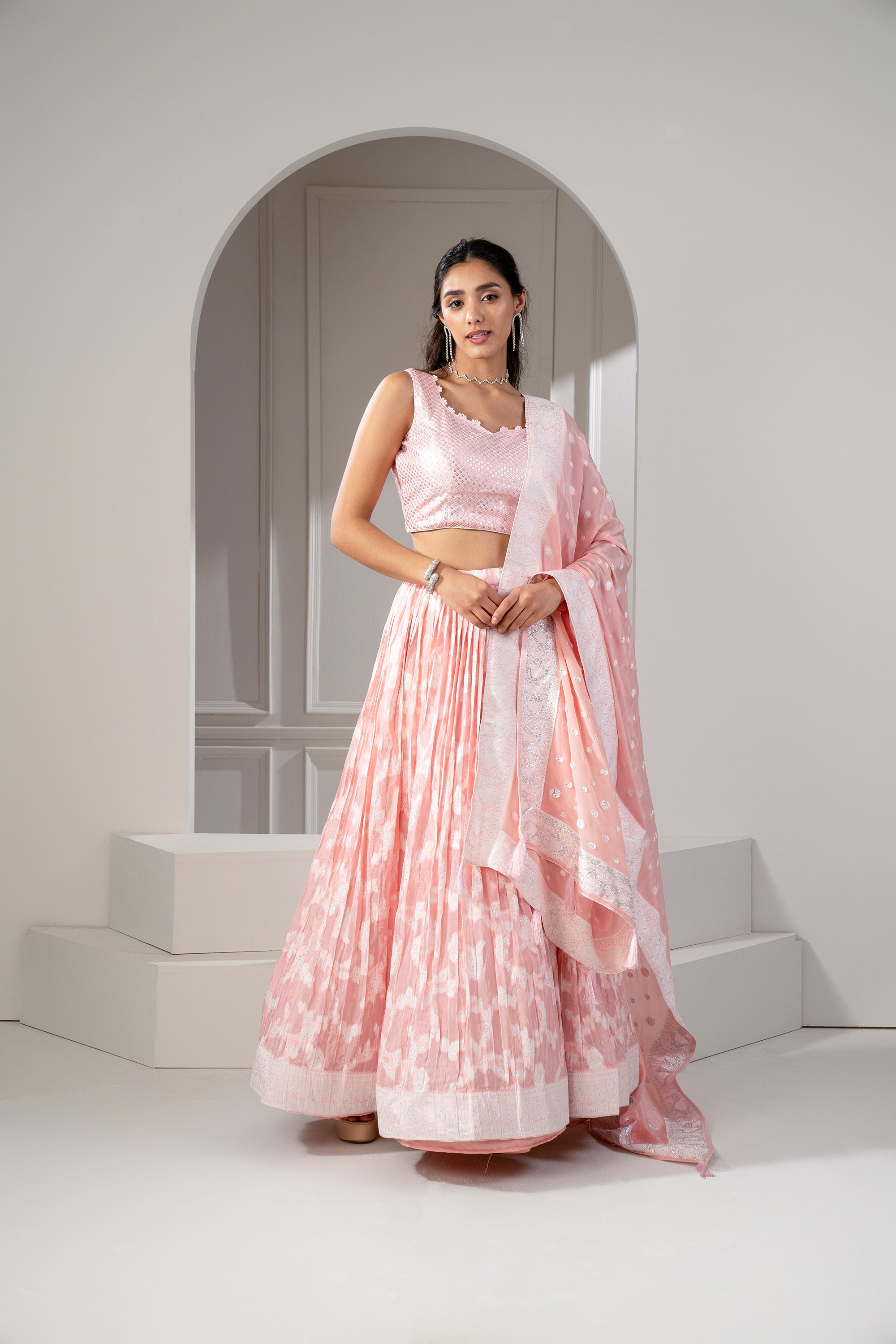 Apricot Peach Soft Silk Printed Lehenga Set