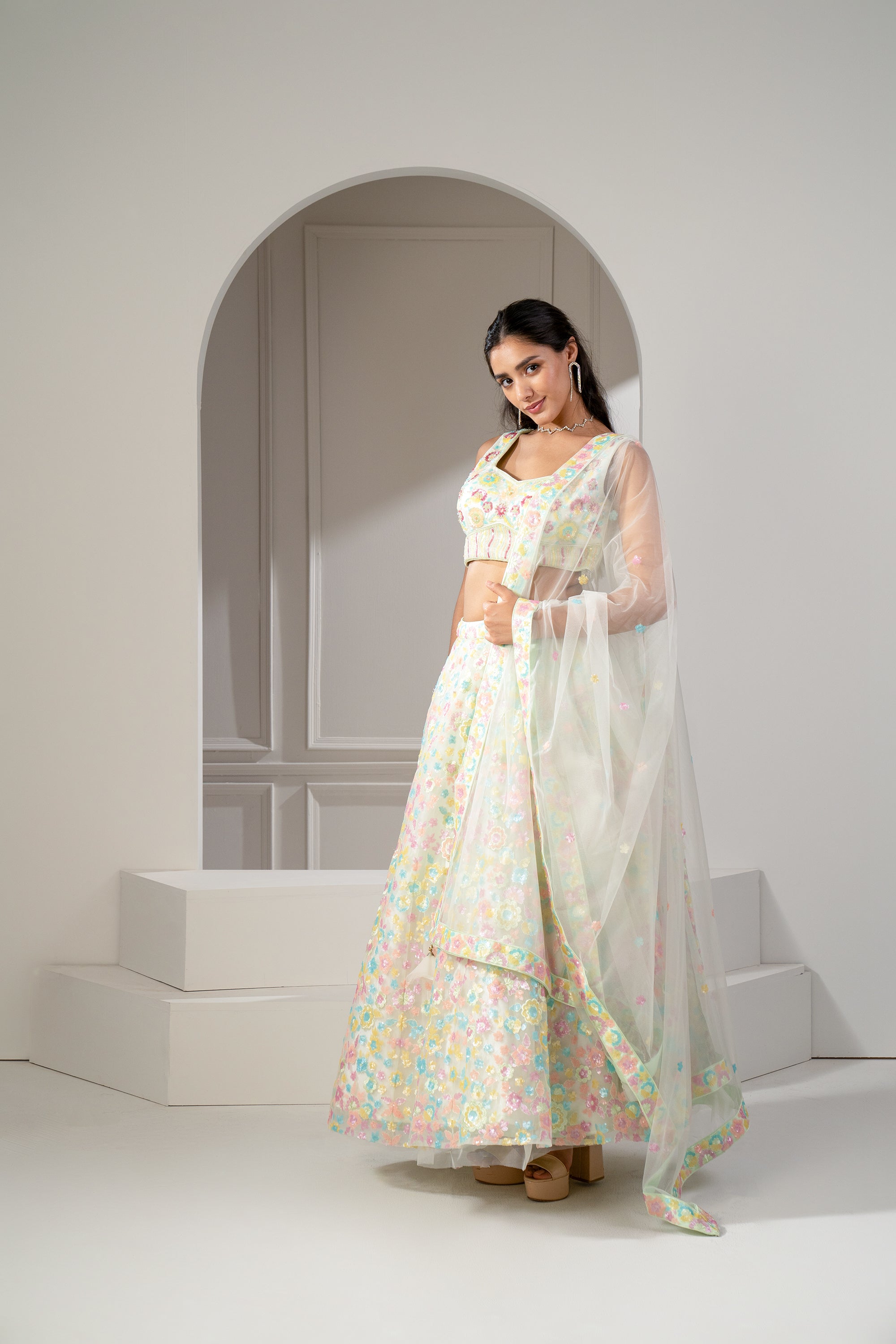 Soft Multicolour Sequinned Organza Lehenga Set