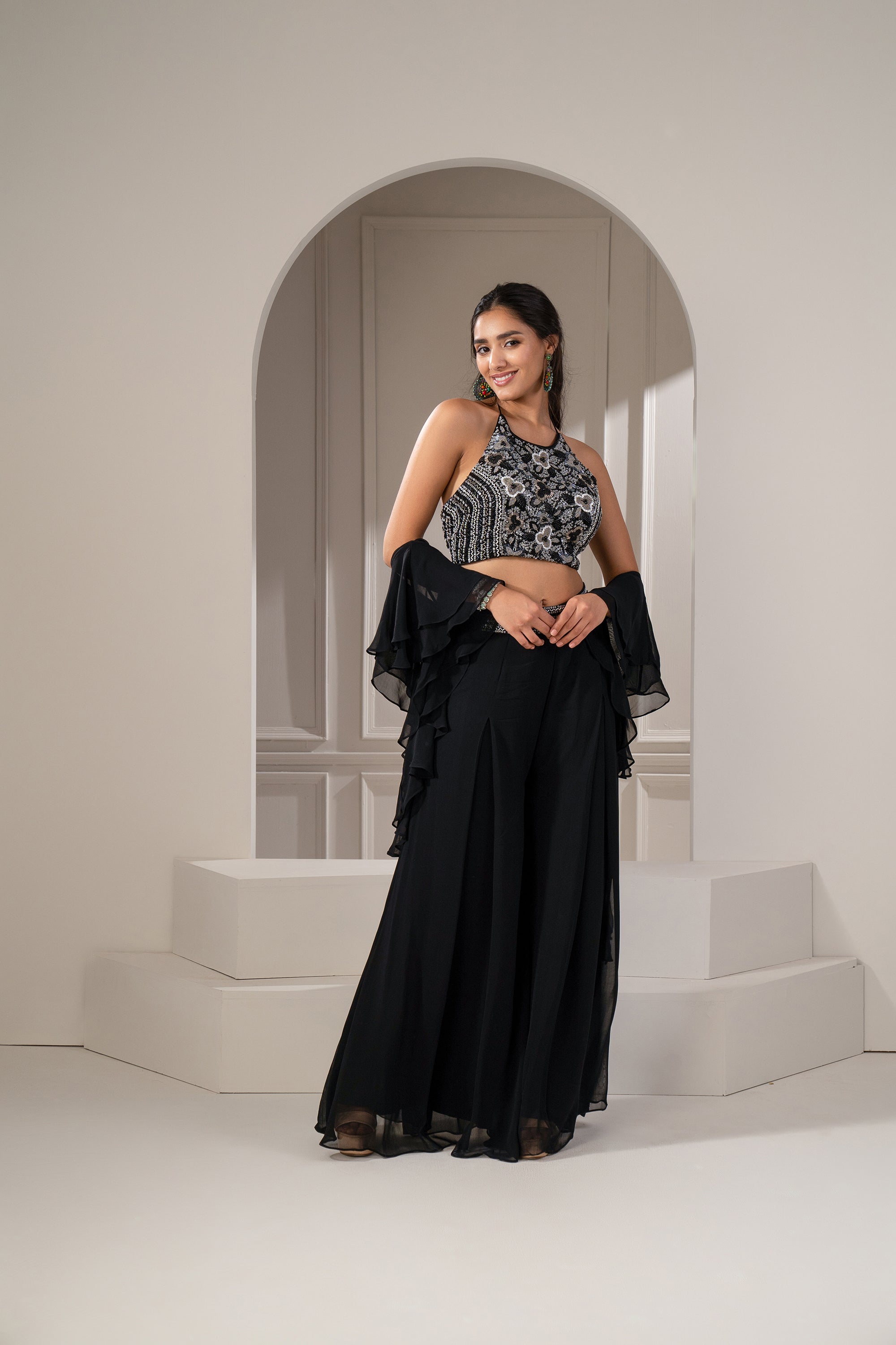 Sable Black Organza Zari and Cutdana Embellished Indowestern Set