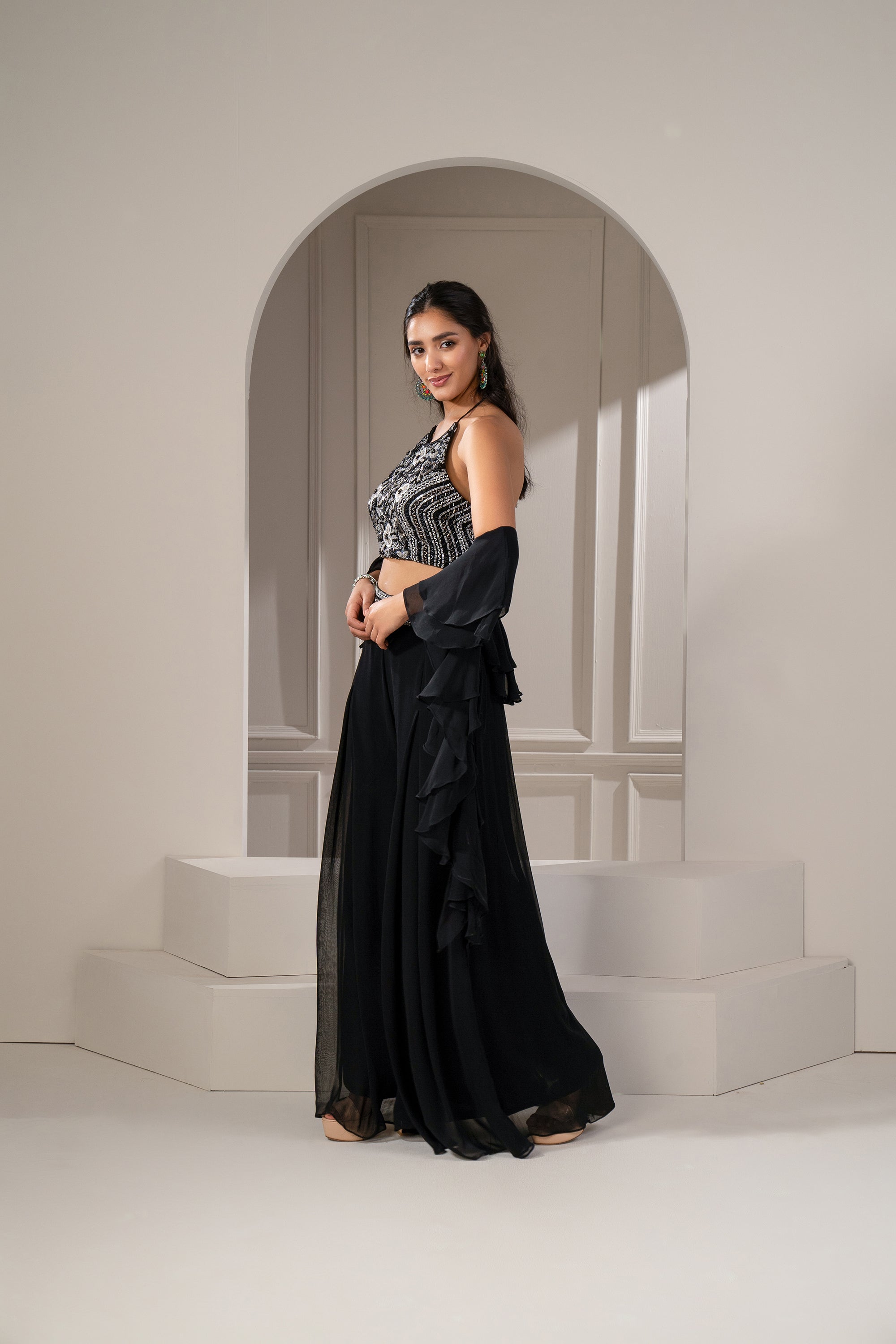 Sable Black Organza Zari and Cutdana Embellished Indowestern Set