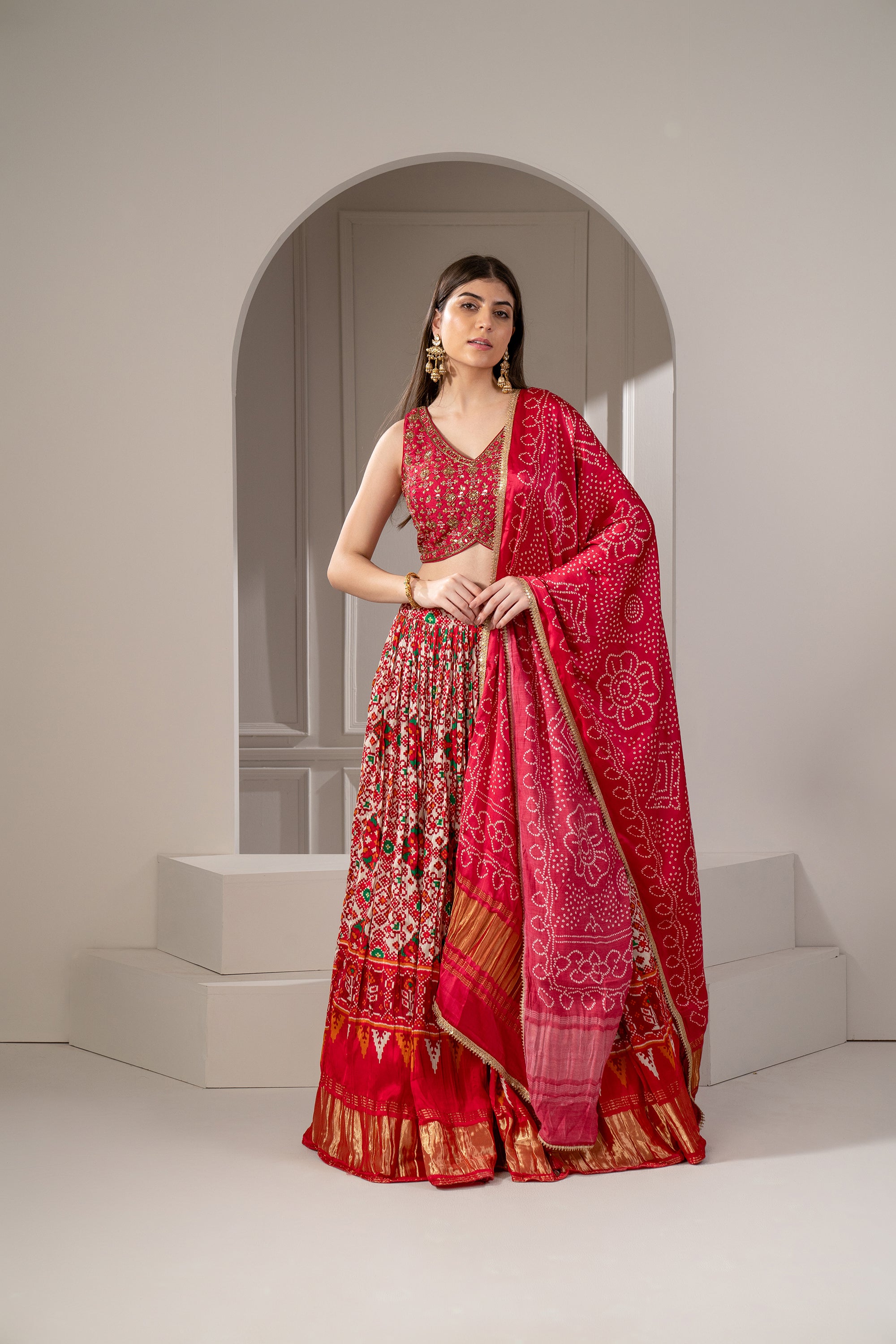 Crimson Red Silk Chaniya Patola Lehenga Set