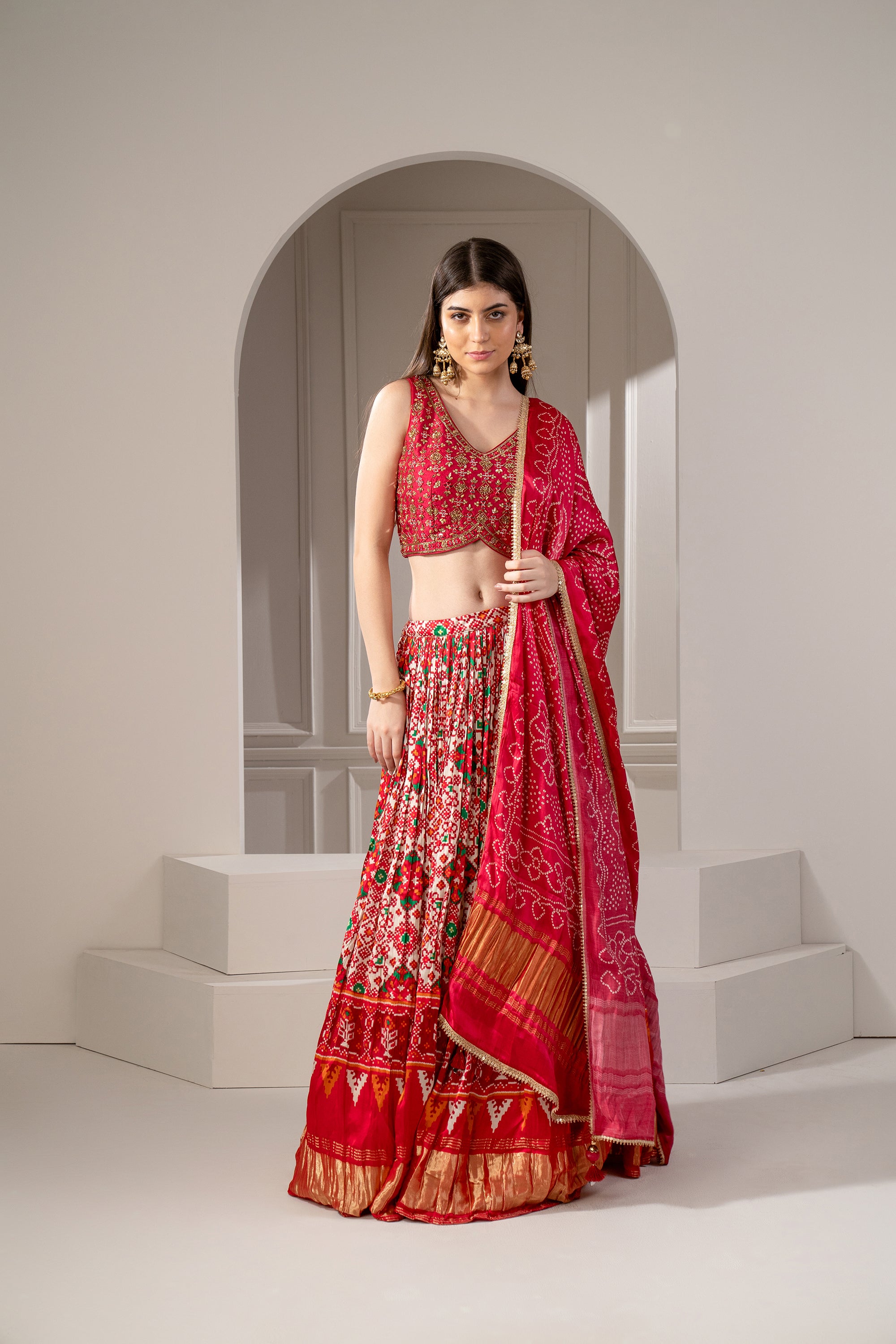 Crimson Red Silk Chaniya Patola Lehenga Set