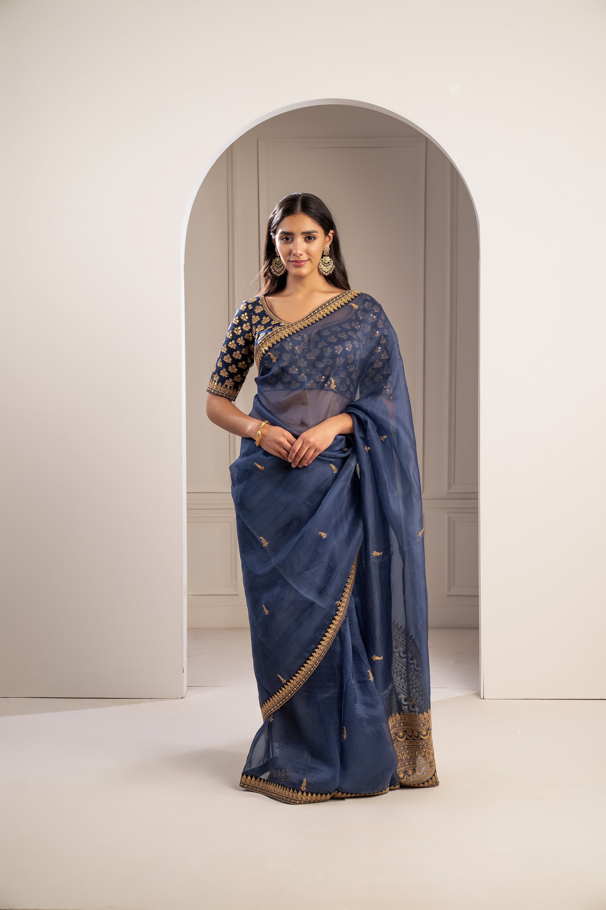 Indigo Blue Machine Embroidered Organza Saree