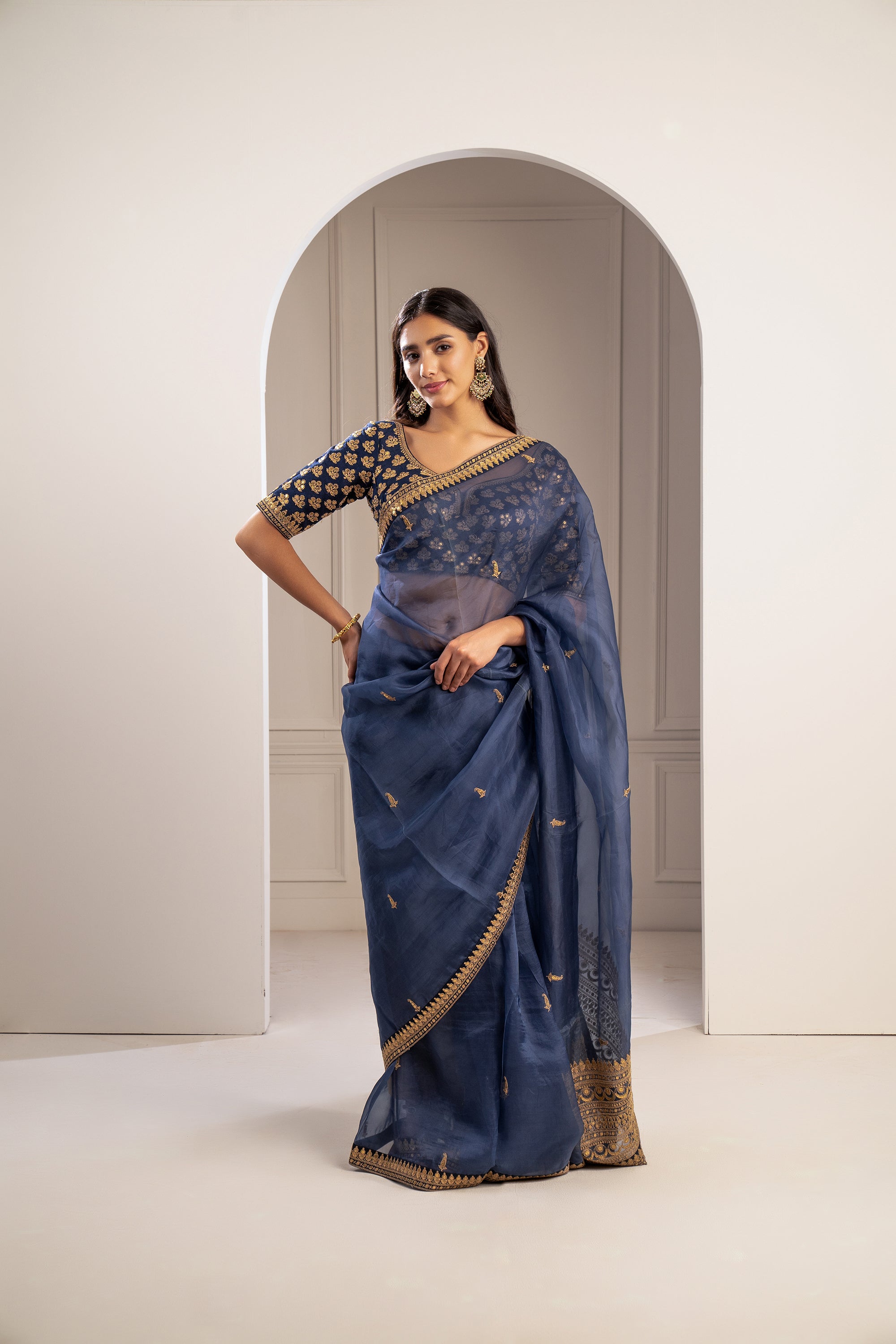 Indigo Blue Machine Embroidered Organza Saree