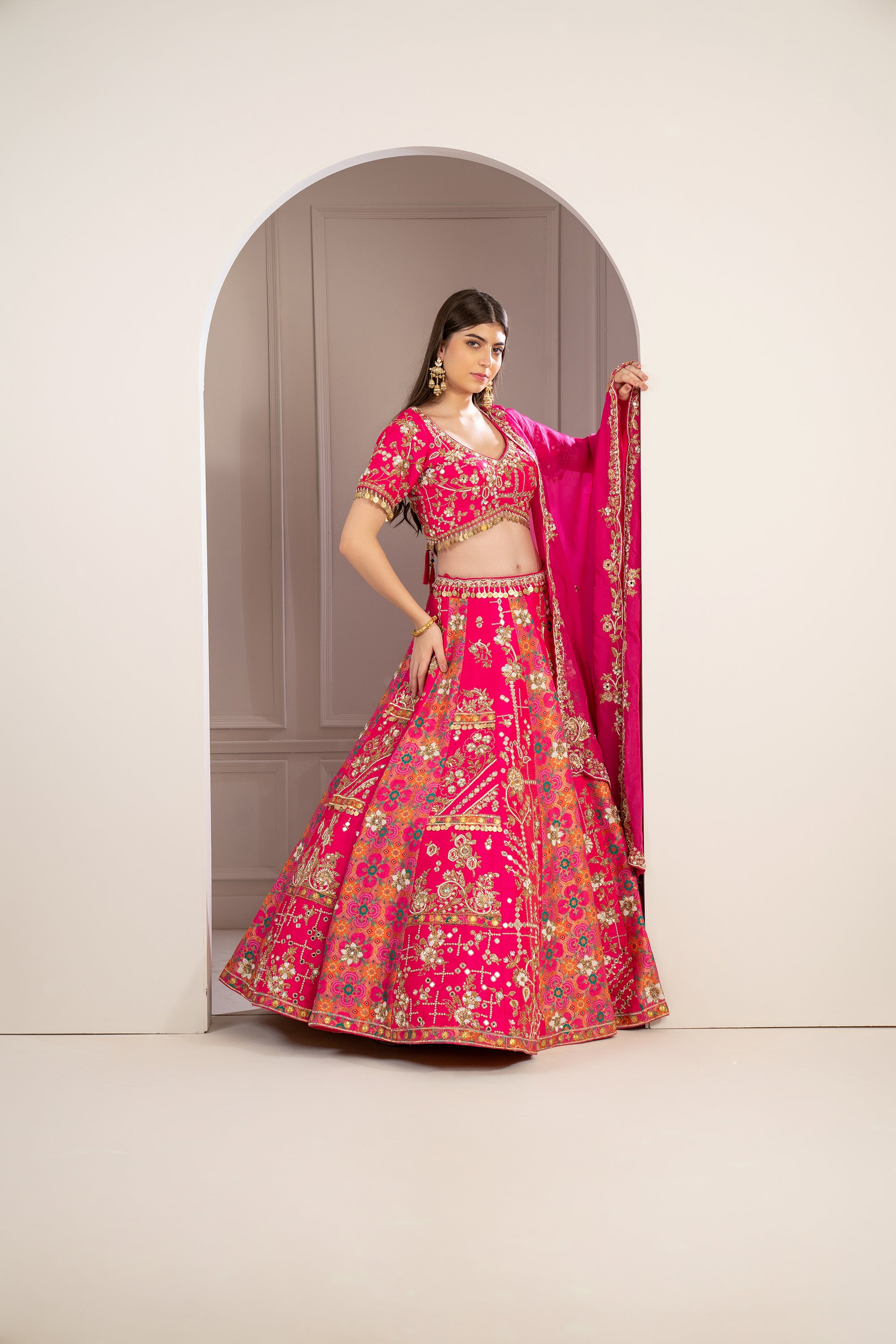 Hot Pink Raw Silk Hand Embroidered Lehenga