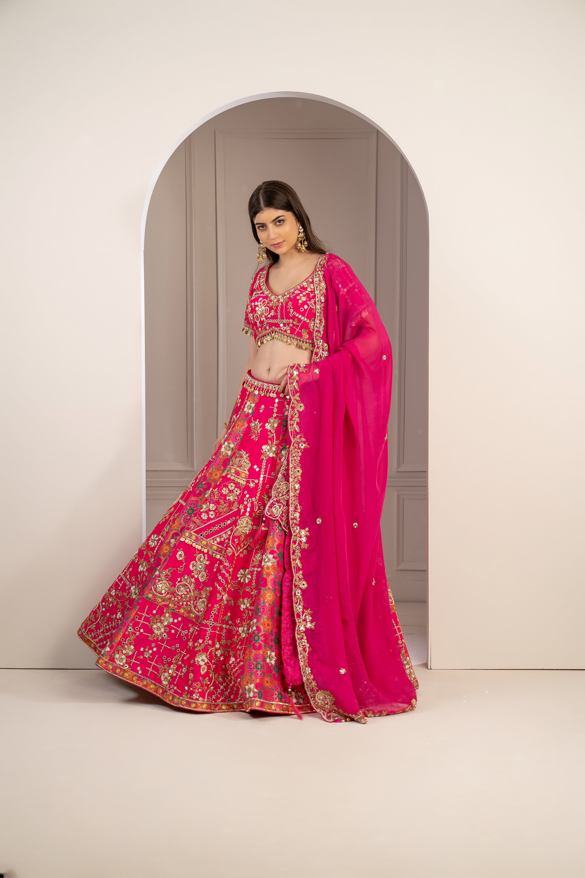 Hot Pink Raw Silk Hand Embroidered Lehenga