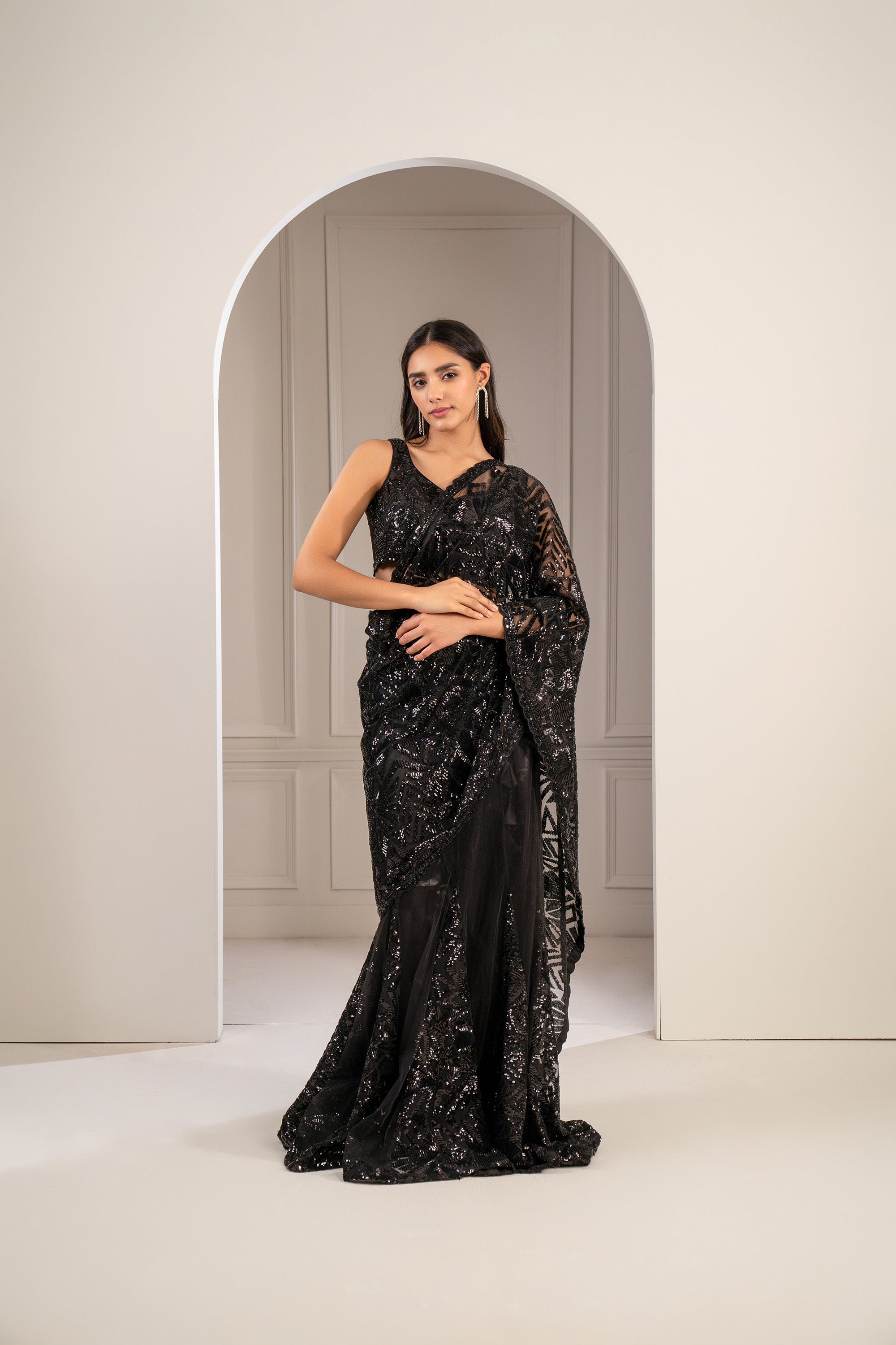 Charcoal Black Organza Net Cocktail Saree