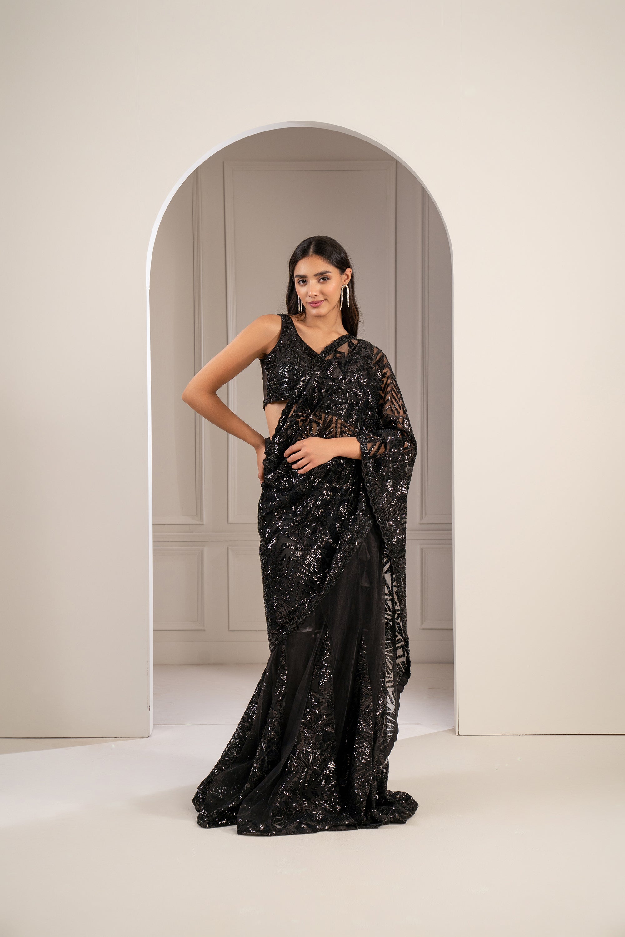 Charcoal Black Organza Net Cocktail Saree