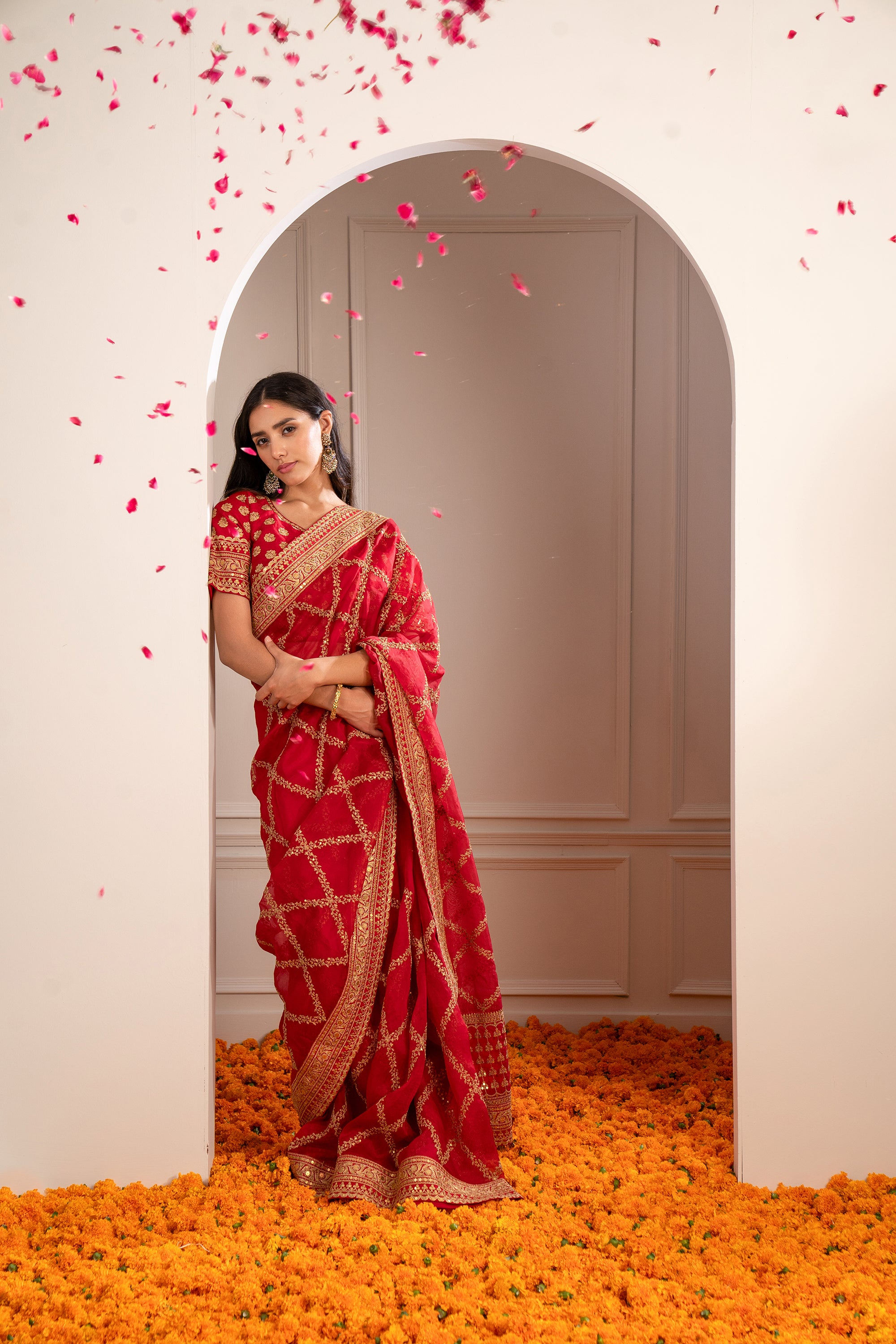 Crimson Red Organza Saree with Pita Work