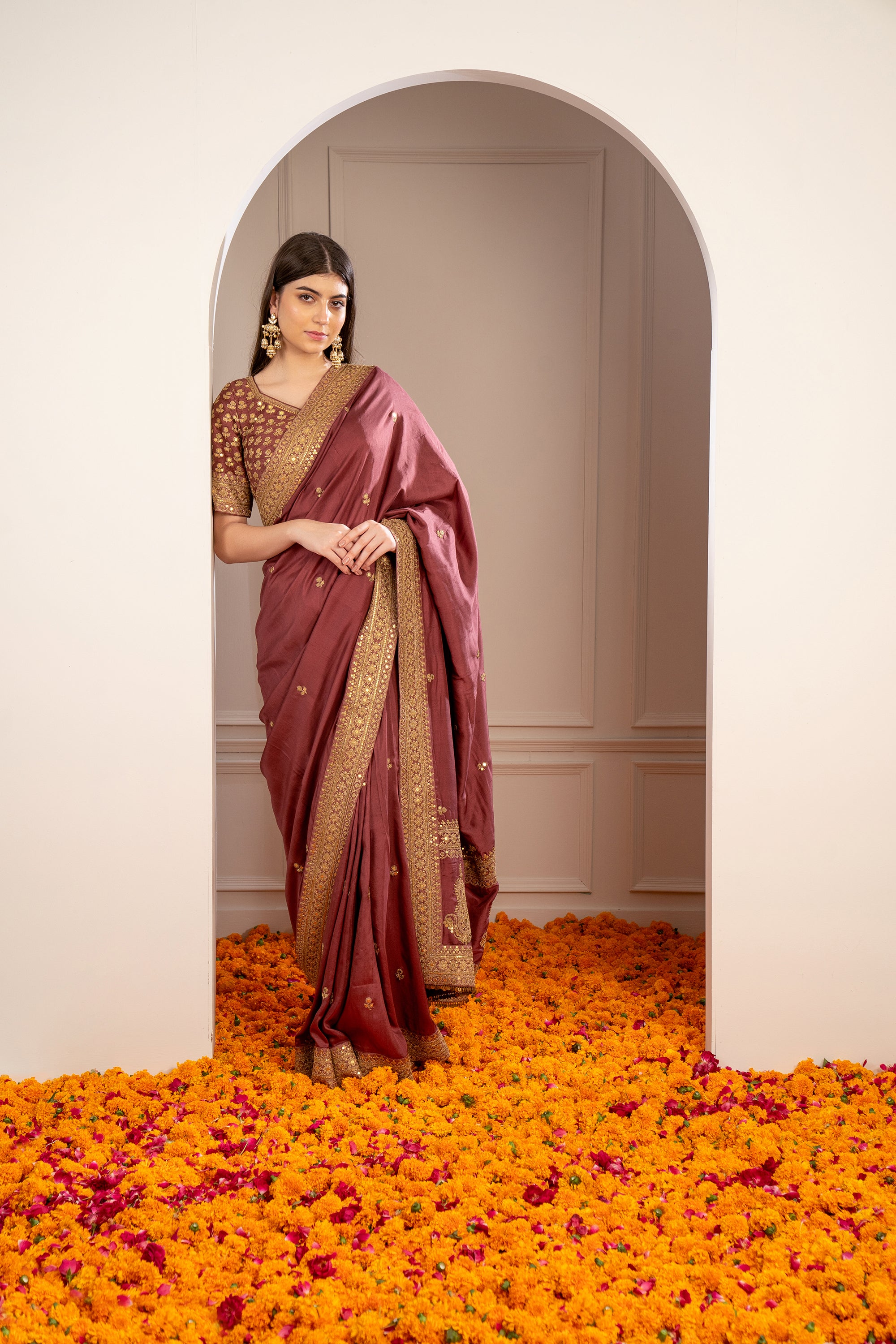 Brick Red Soft Silk Saree with Pita Work