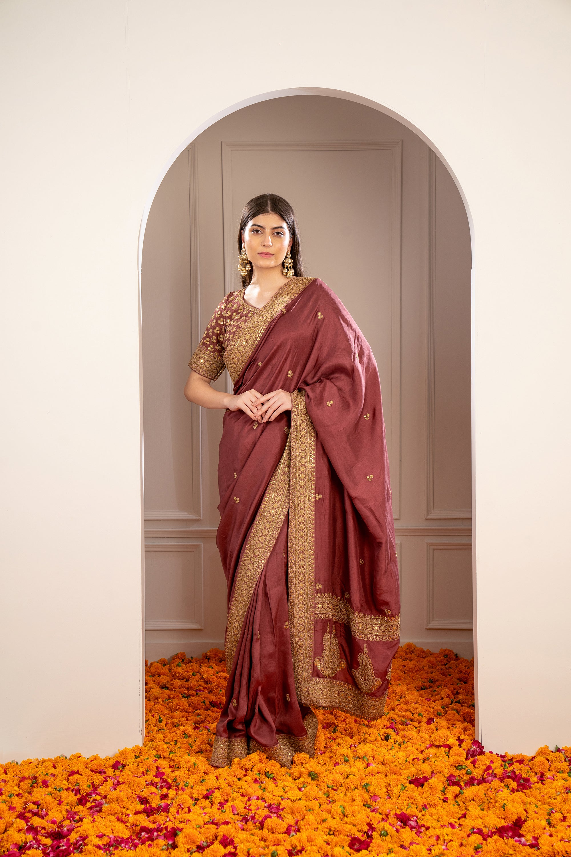 Brick Red Soft Silk Saree with Pita Work