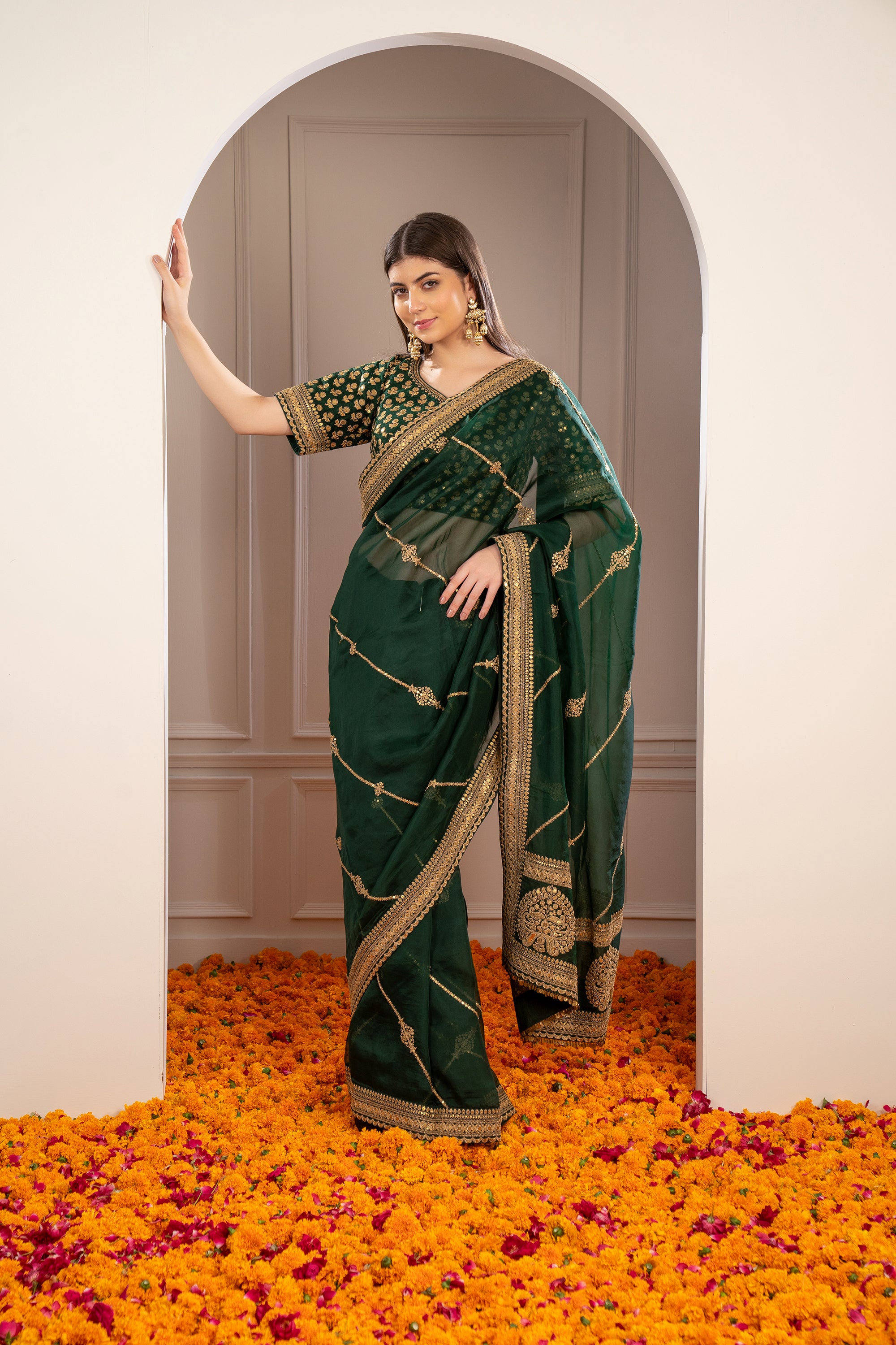 Pine Green Semi Silk Saree with Pita work