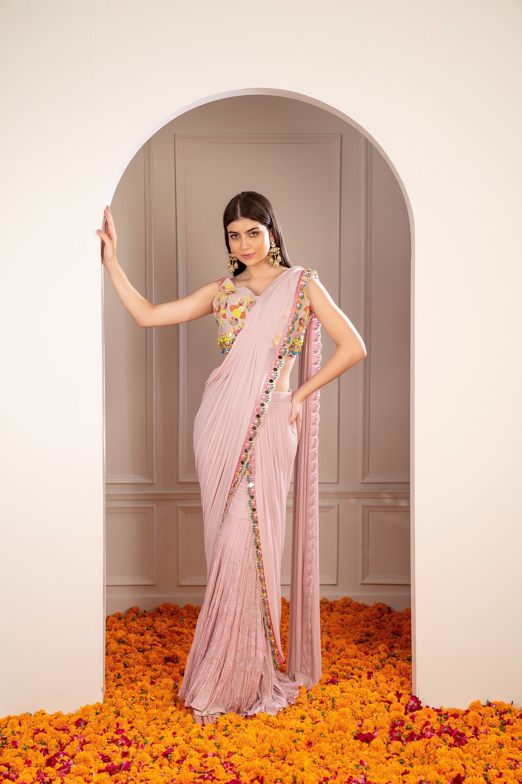 Melon Peach Georgette Mirror Embellished Drape Sharara Saree