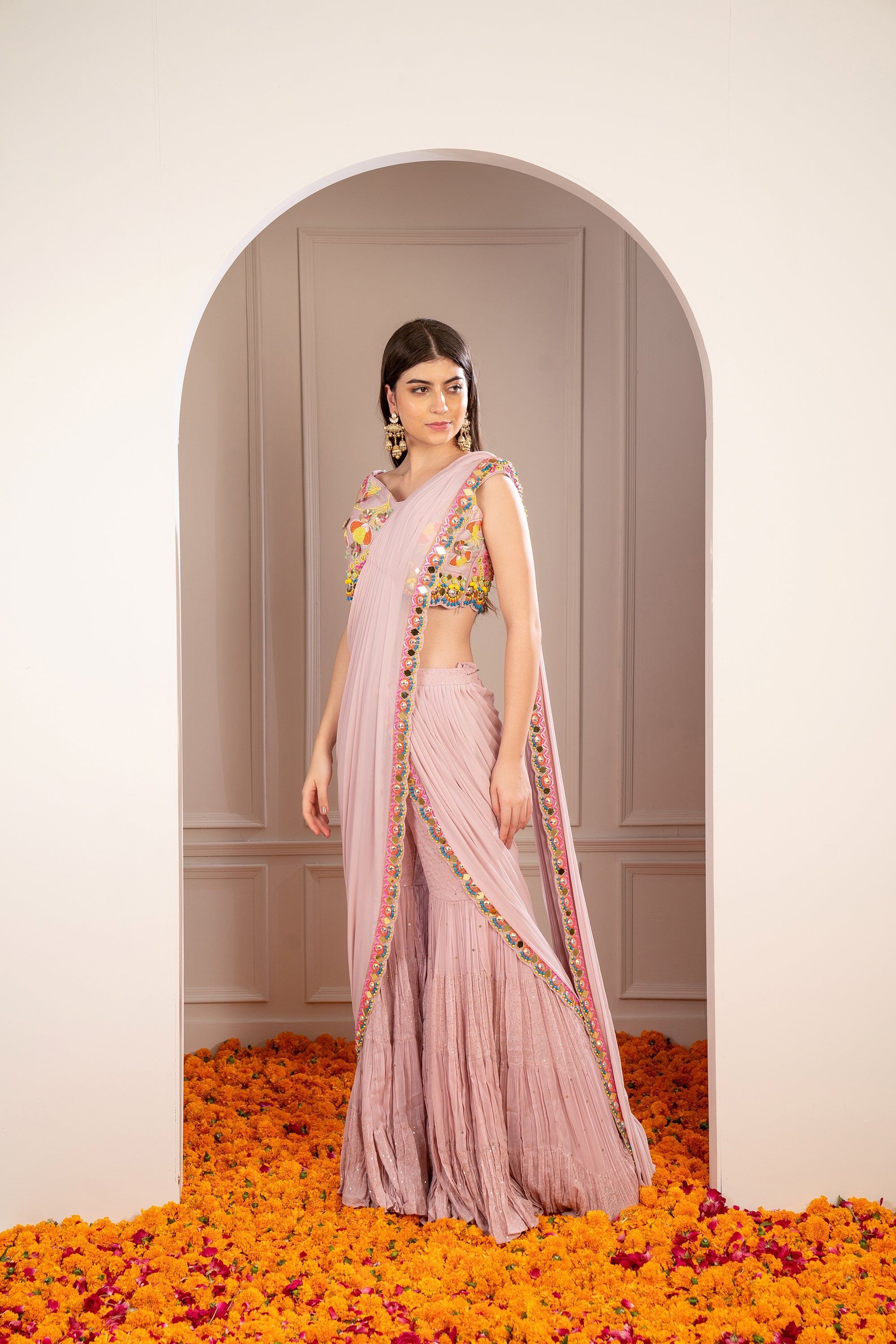 Melon Peach Georgette Mirror Embellished Drape Sharara Saree