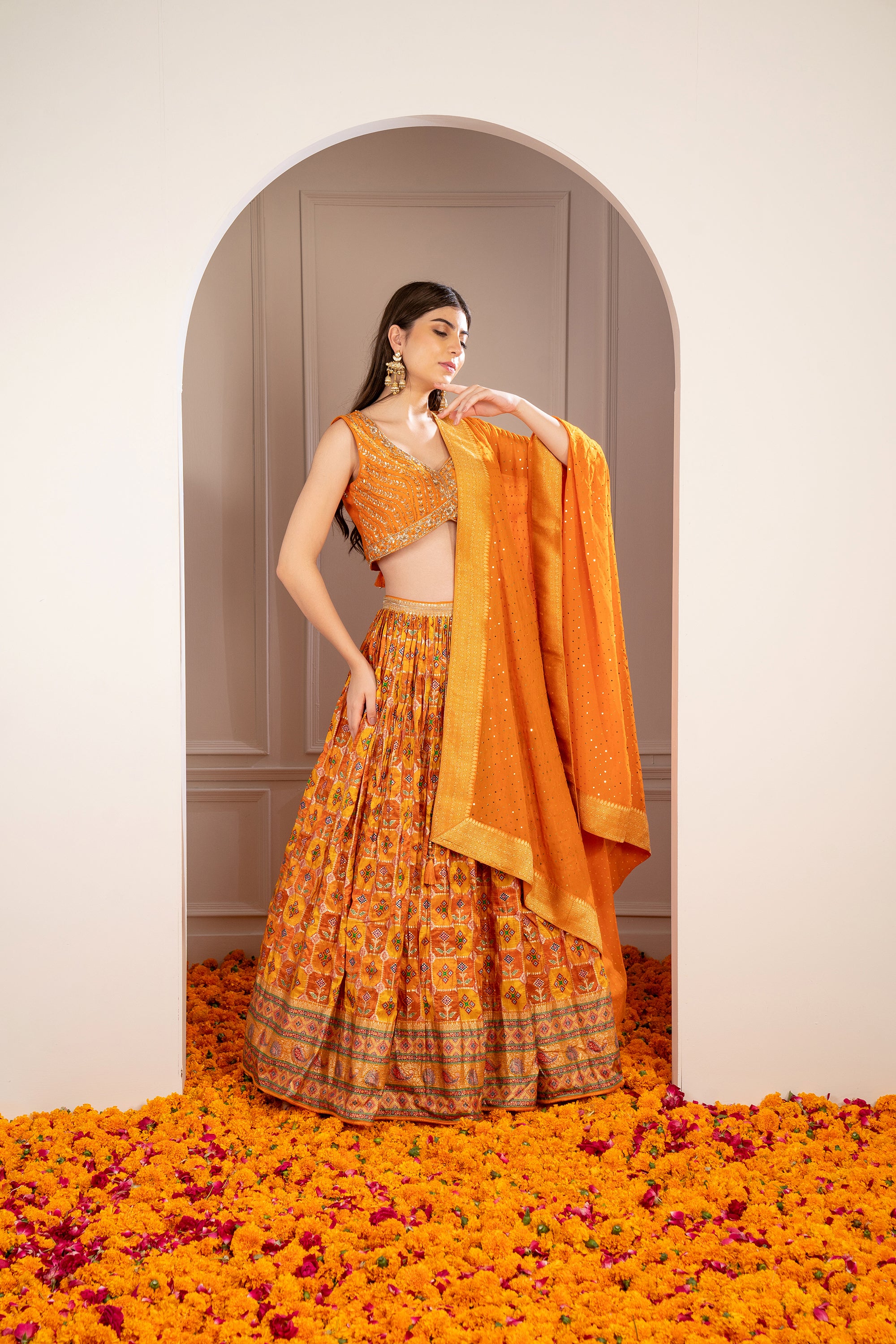 Tangerine Orange Soft Silk Hand Embroidered Lehenga Set