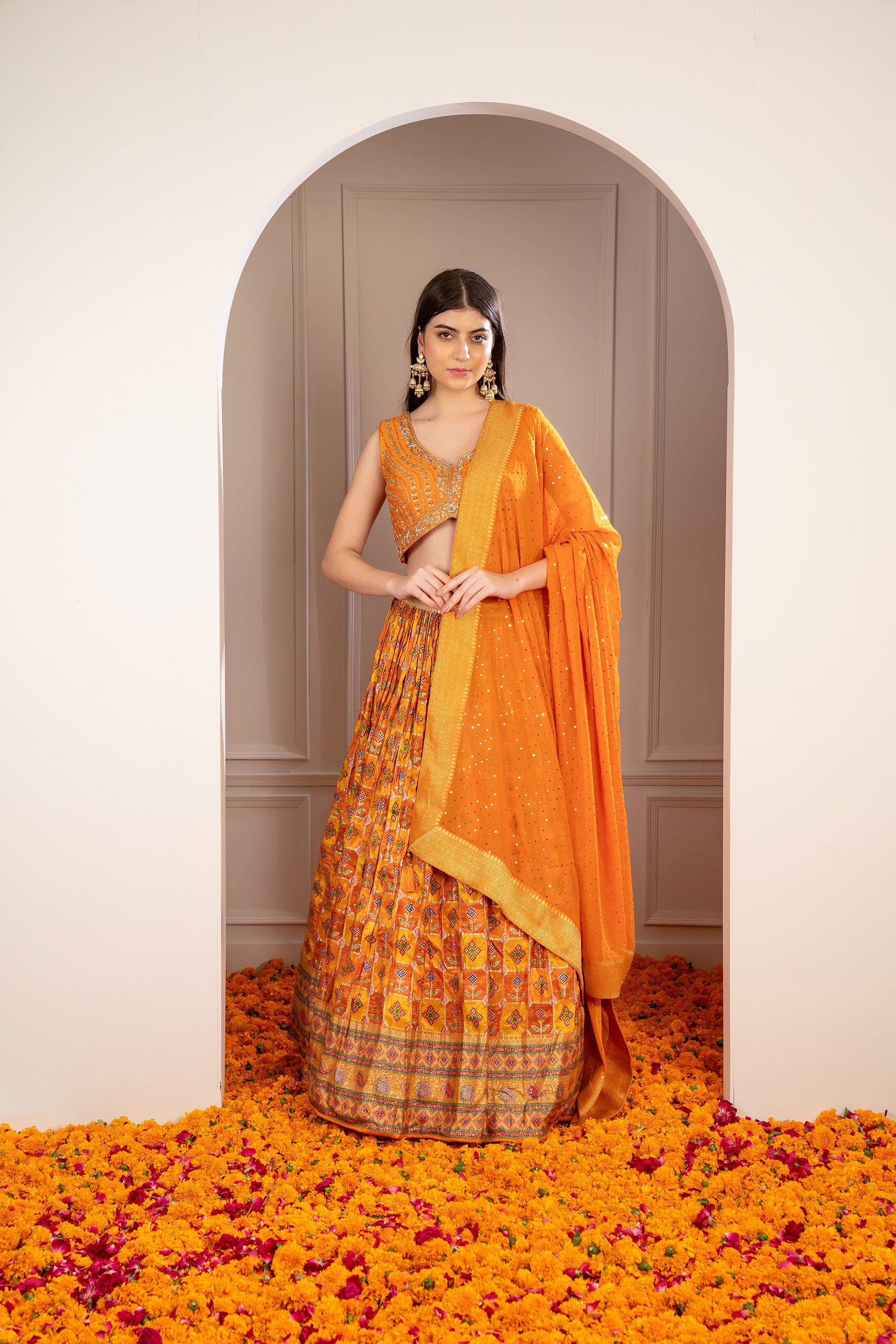 Tangerine Orange Soft Silk Hand Embroidered Lehenga Set