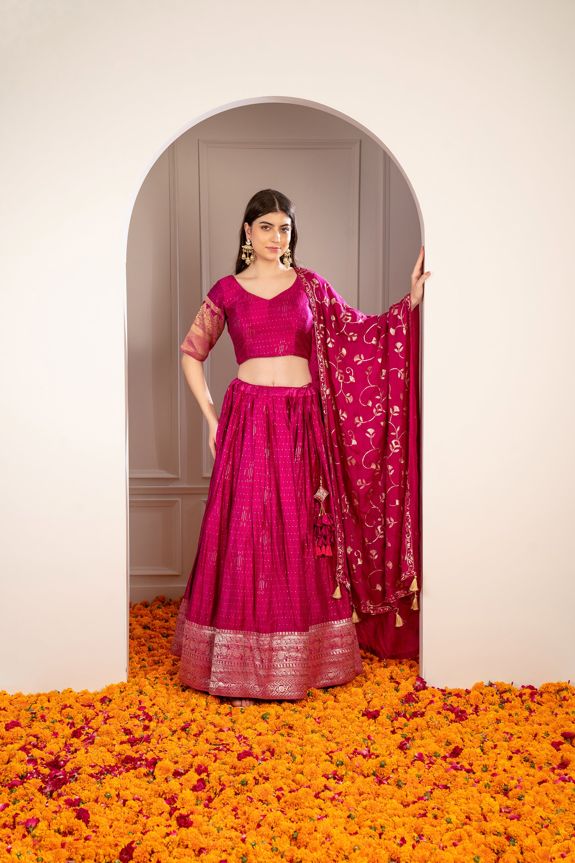 Magenta Pink Satin Silk Sequinned Lehenga Set.