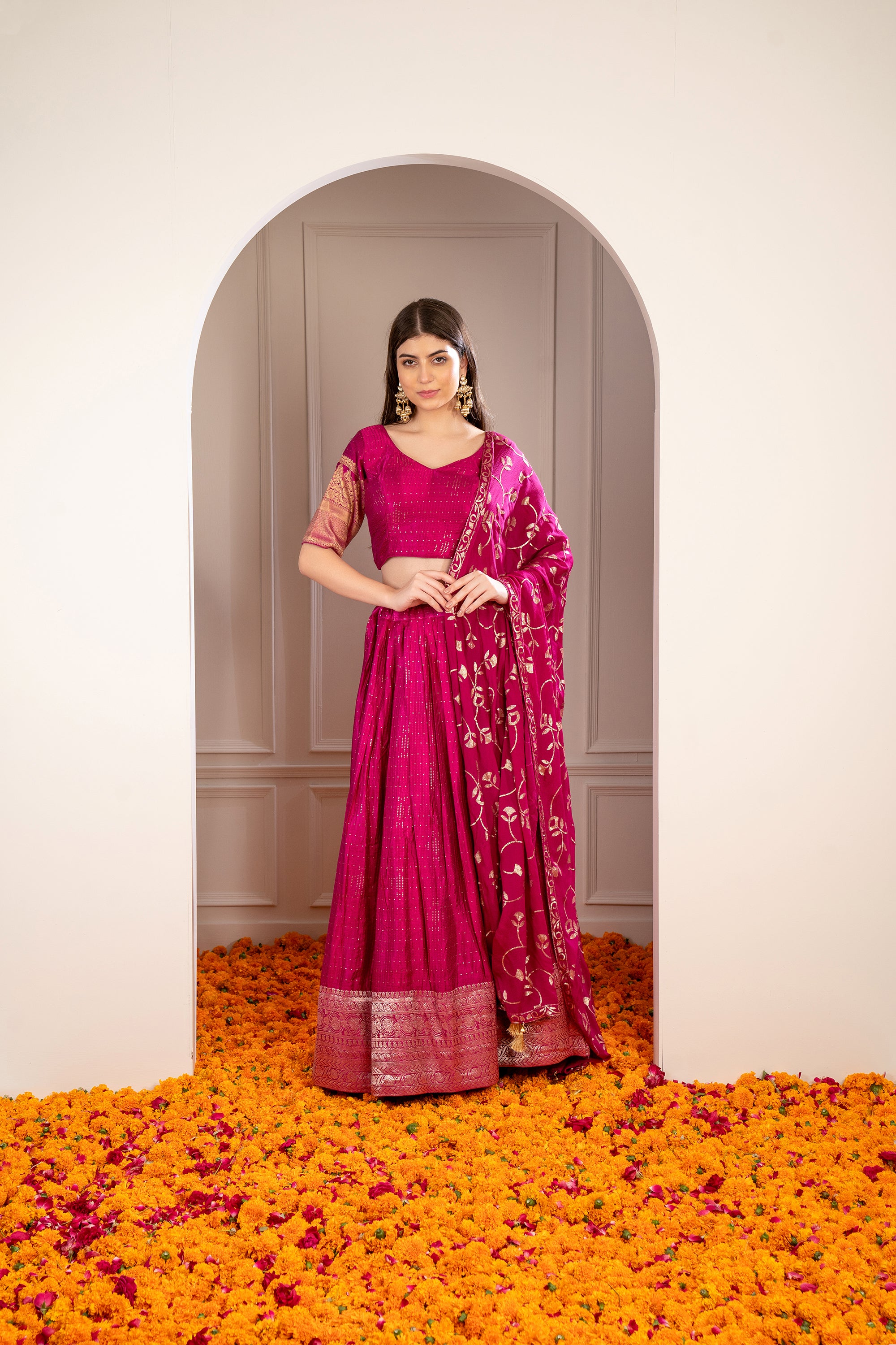 Magenta Pink Satin Silk Sequinned Lehenga Set.