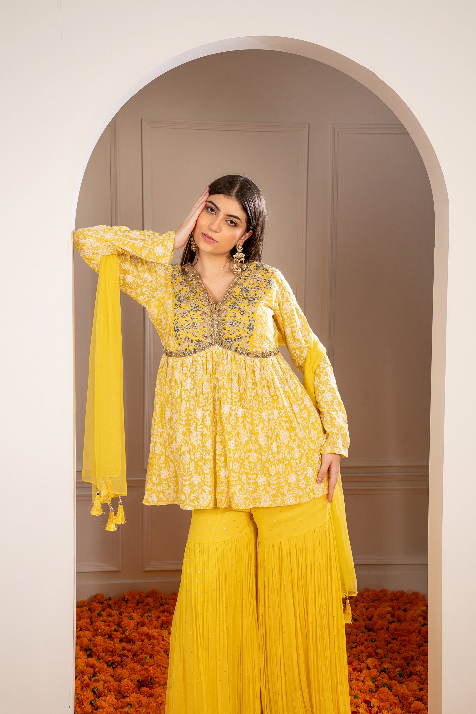 Sunglow Yellow Georgette Embroidered Indo Western Sharara Set