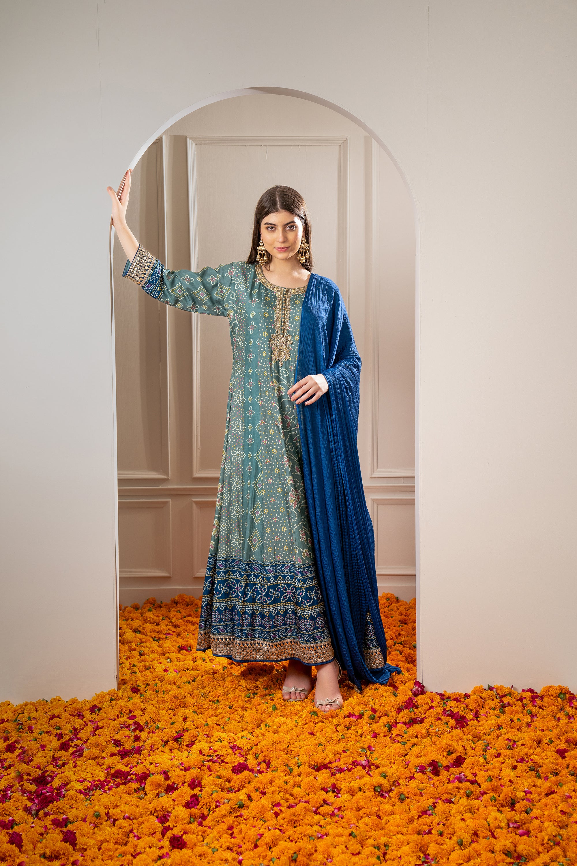 Peacock Green Printed Soft Silk Embroidered Gown