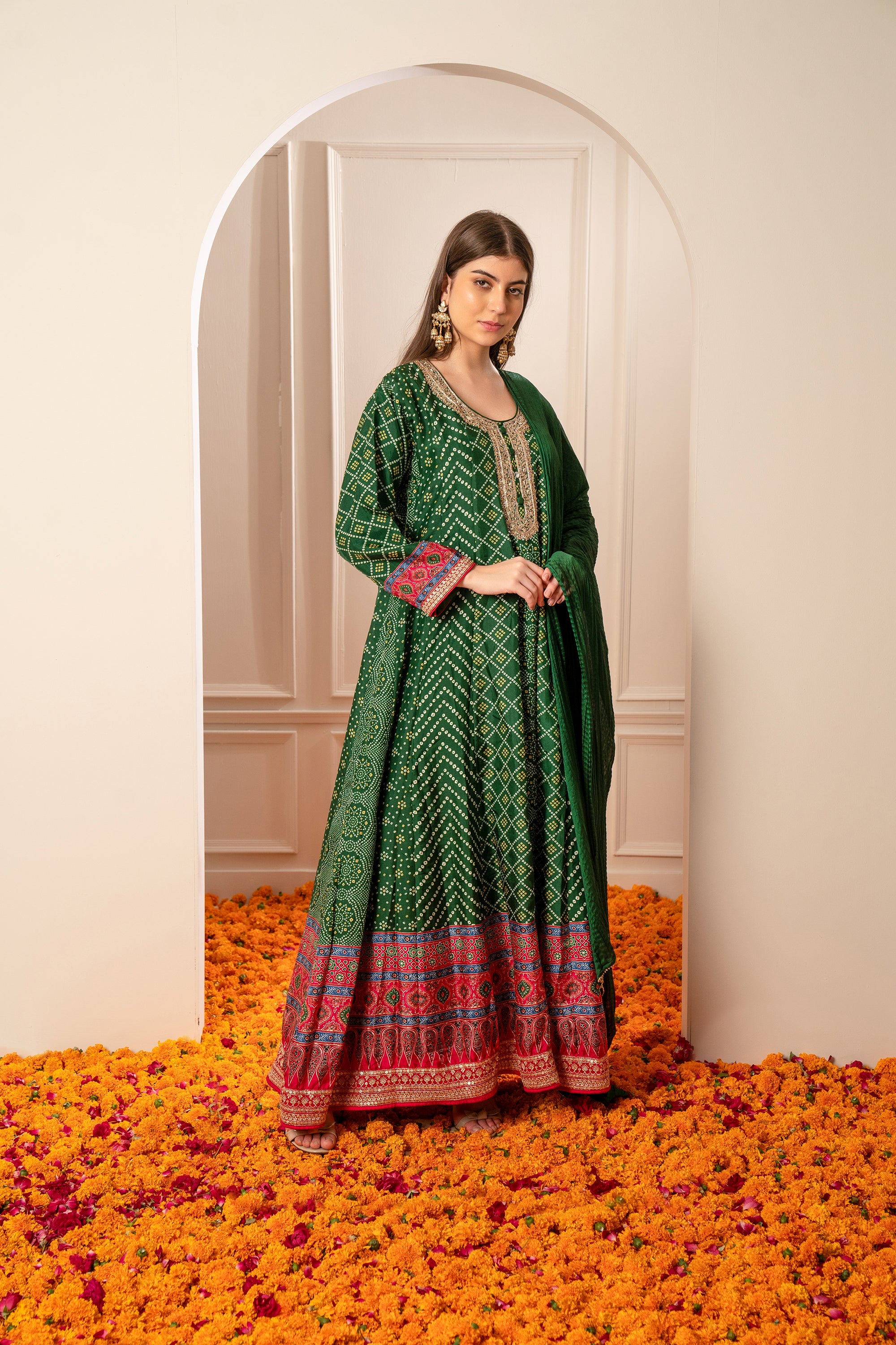 Alpine Green Satin Silk Printed Gown- front view