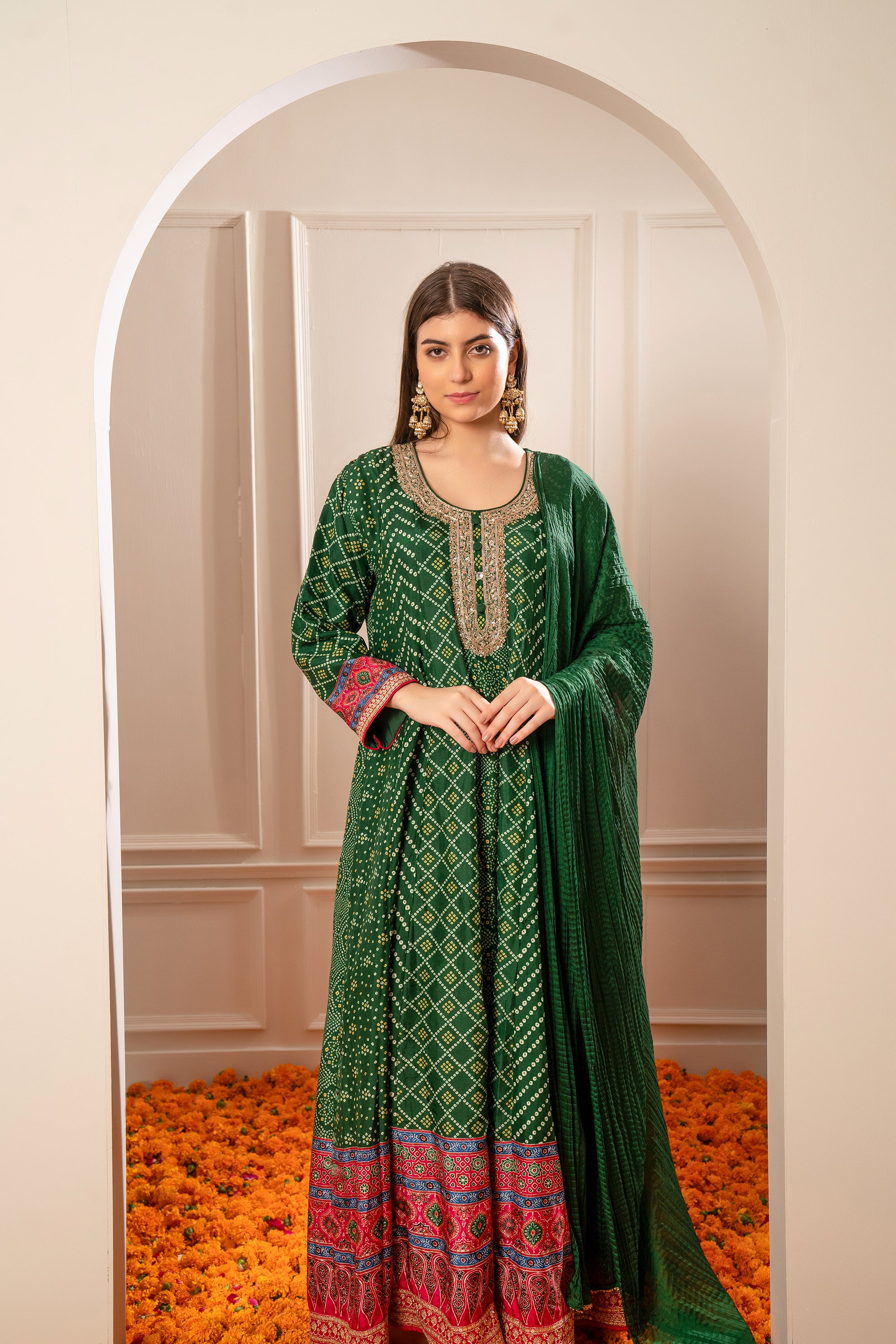 Alpine Green Satin Silk Printed Gown- front view