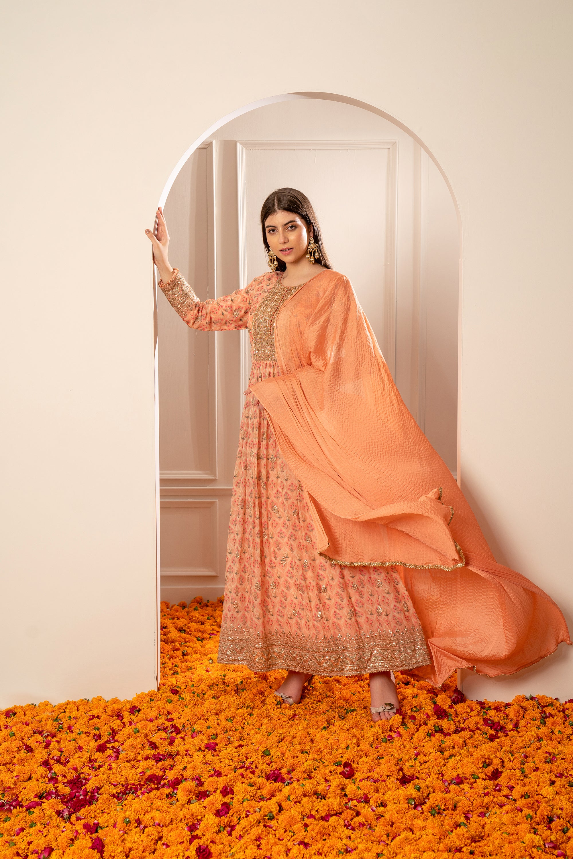 Bright Peach Printed Gota Patti Organza Gown