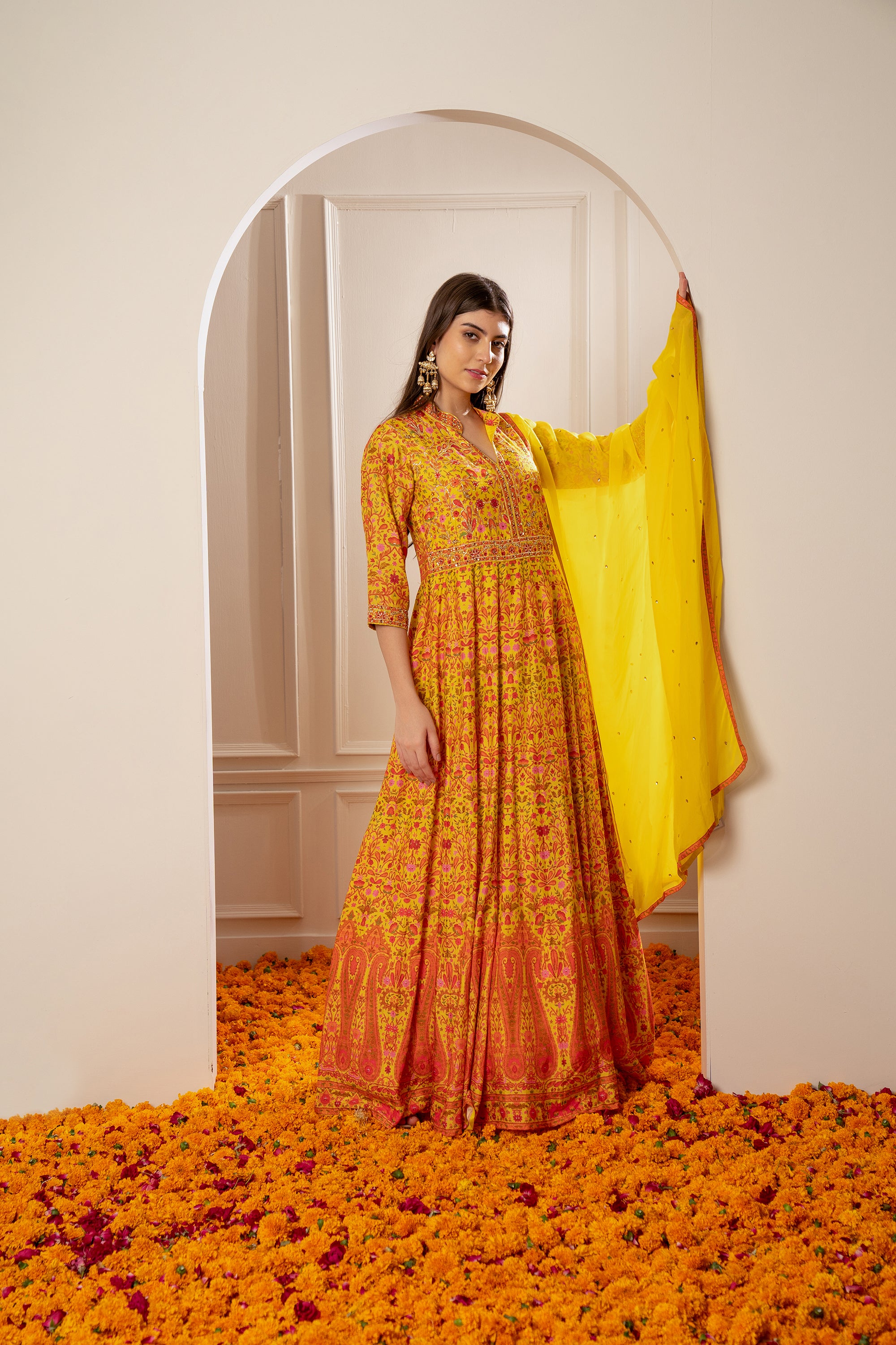 Sunflower Yellow Semi Silk Printed Gown