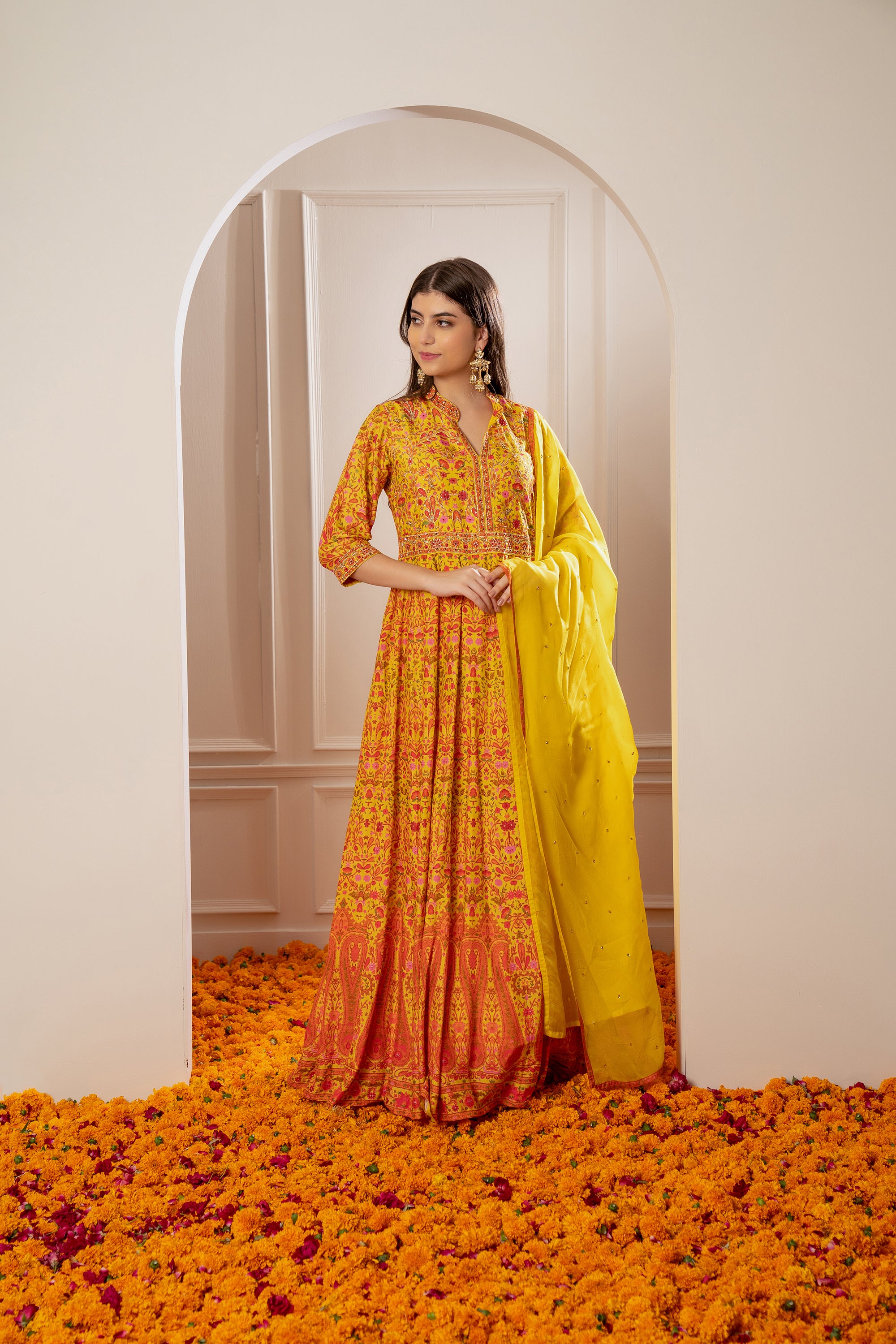 Sunflower Yellow Semi Silk Printed Gown