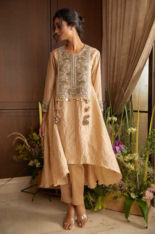 Crushed Silk Kurta Long Satin Narrow Pants