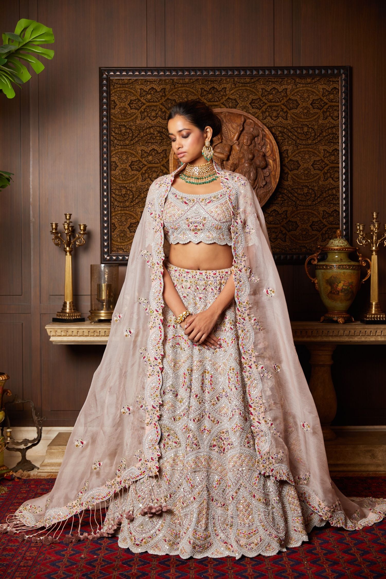 Tissue Lehenga And Blouse With Organza Dupatta