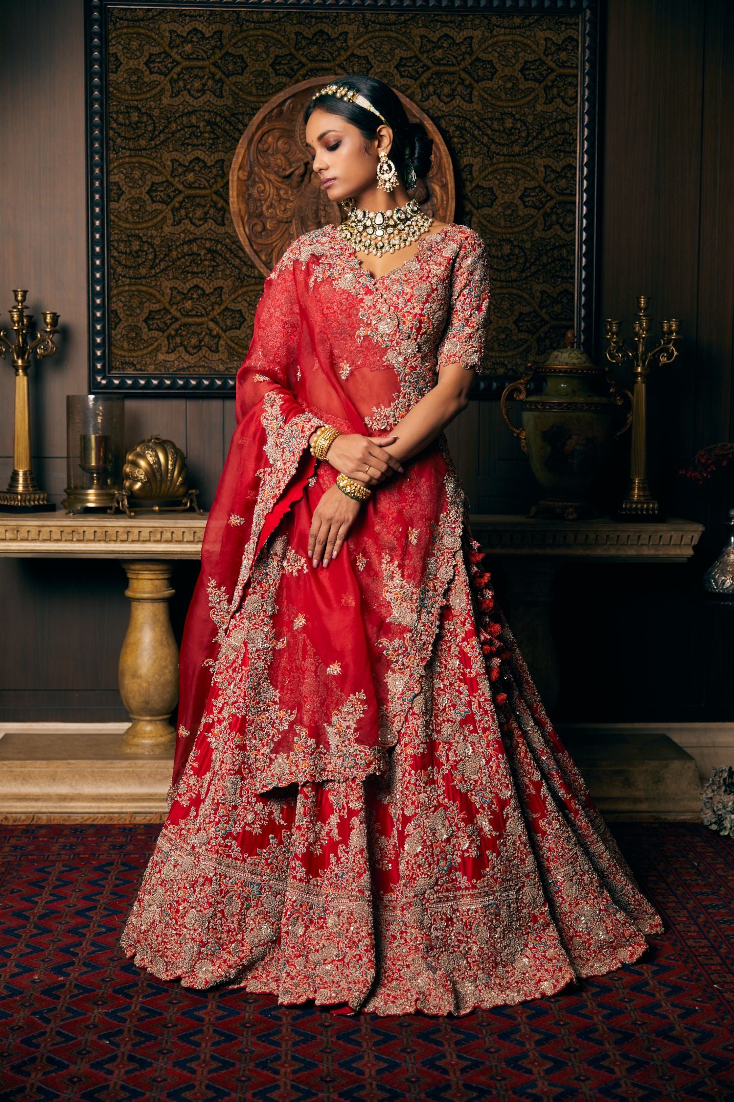 Silk Lehenga And Blouse With Organza Dupatta And Veil