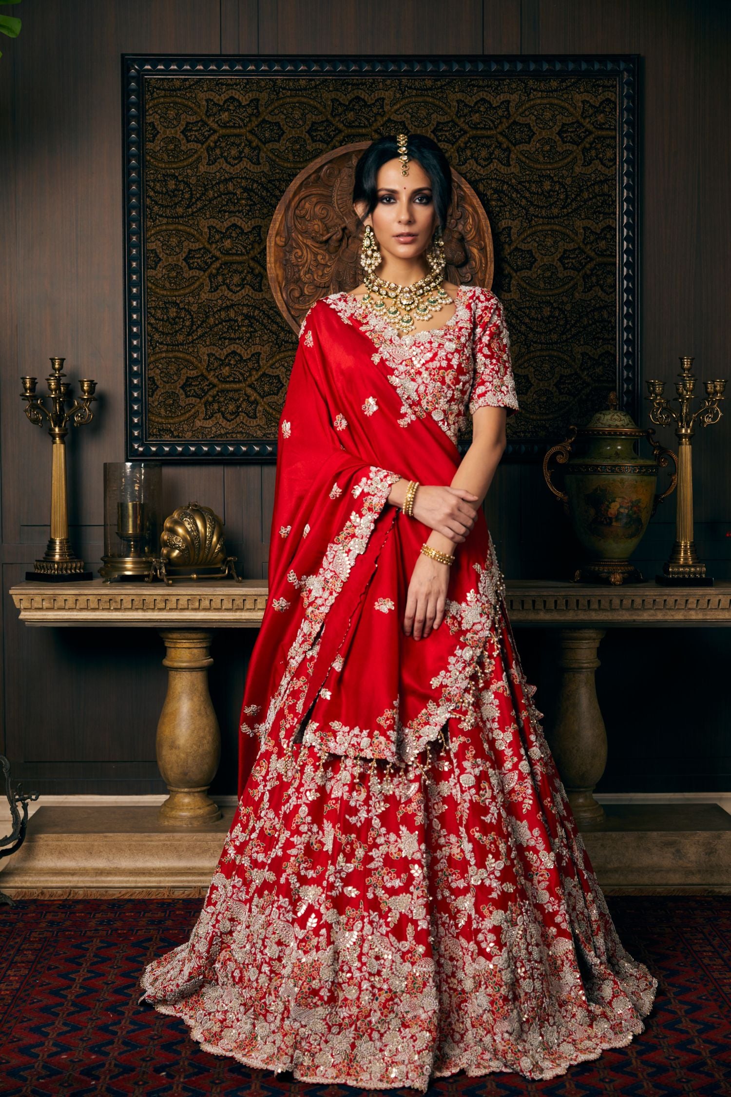 Silk Lehenga And Blouse With Organza Dupatta And Veil